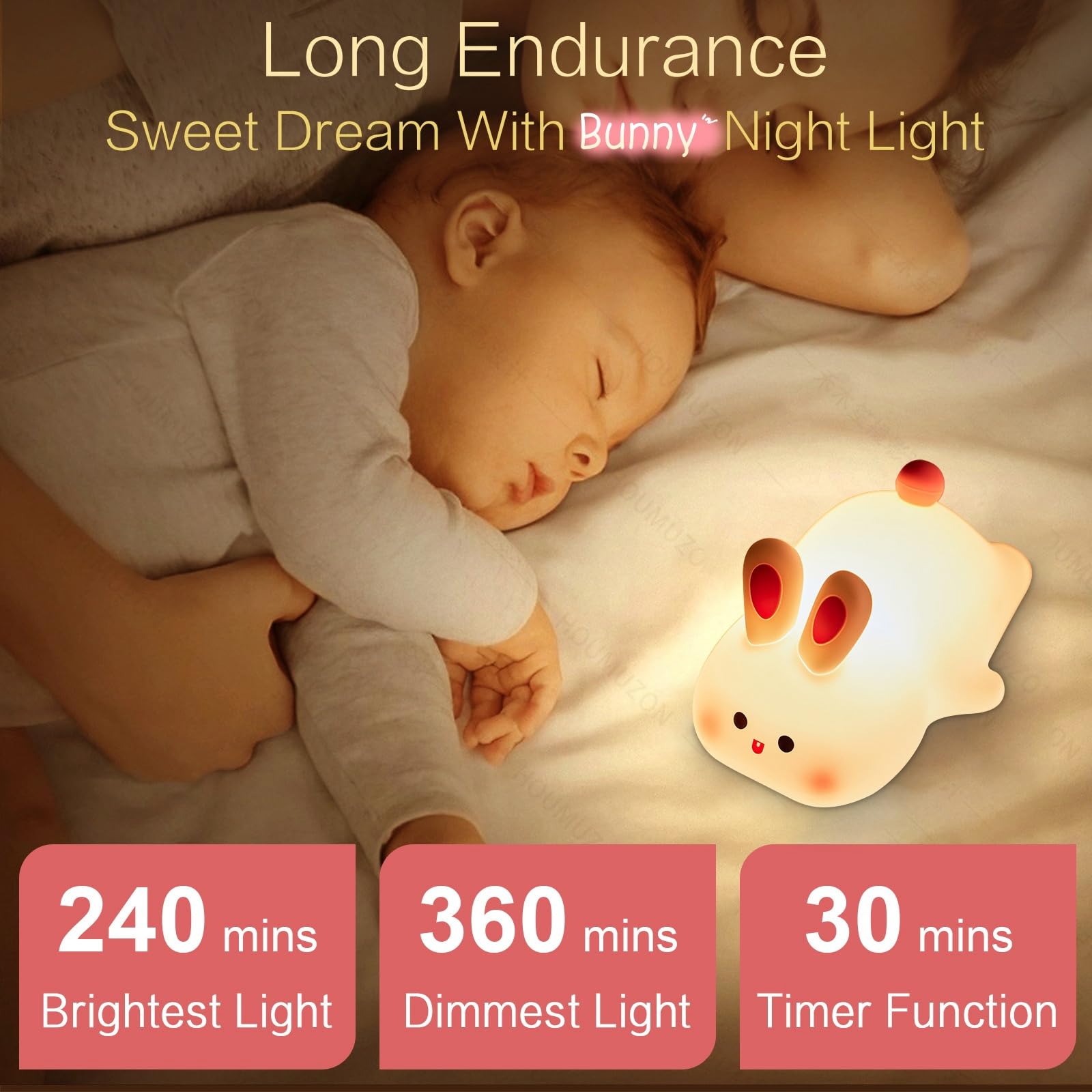 YR YRHH-PET squishy bunny night light, side view, portable bedside illumination