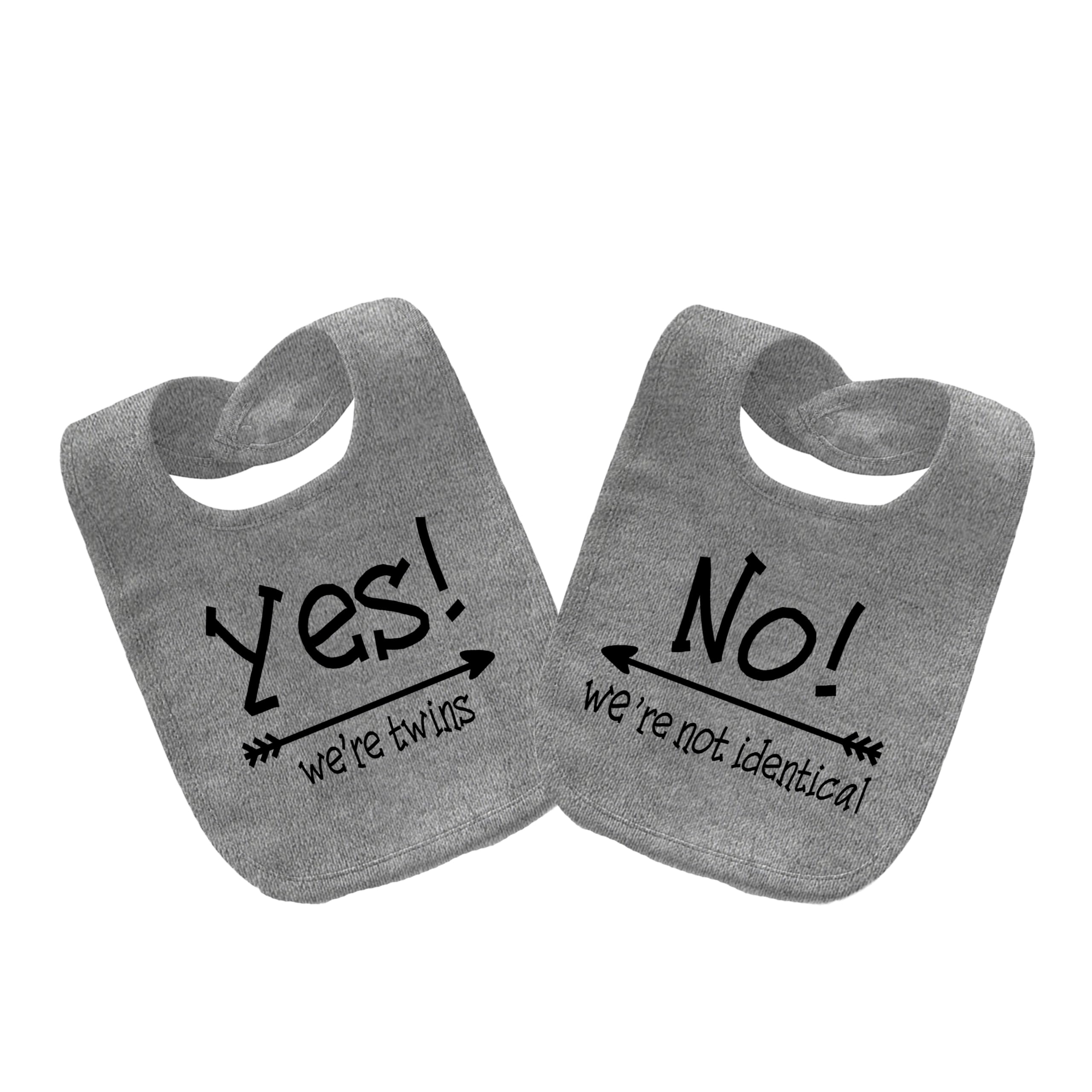YSCULBUTOL Yes We Are Twins bib in grey for newborns, soft cotton and comfortable wear