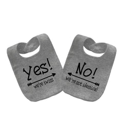 YSCULBUTOL Yes We Are Twins bib in grey for newborns, soft cotton and comfortable wear