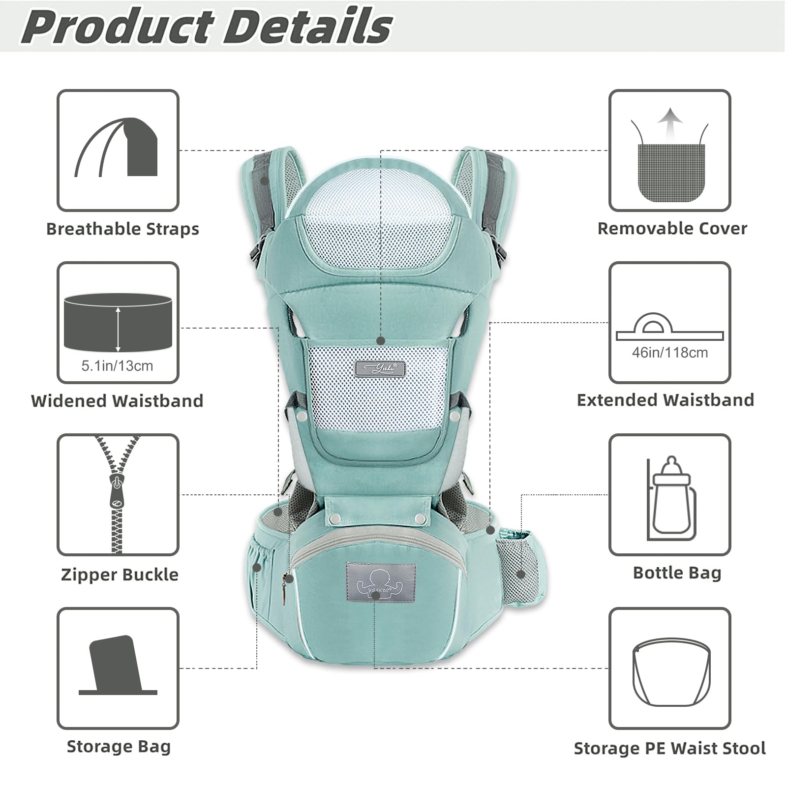 YSSKTC 6-in-1 carrier front view showing adaptable wearing styles for growing infants.