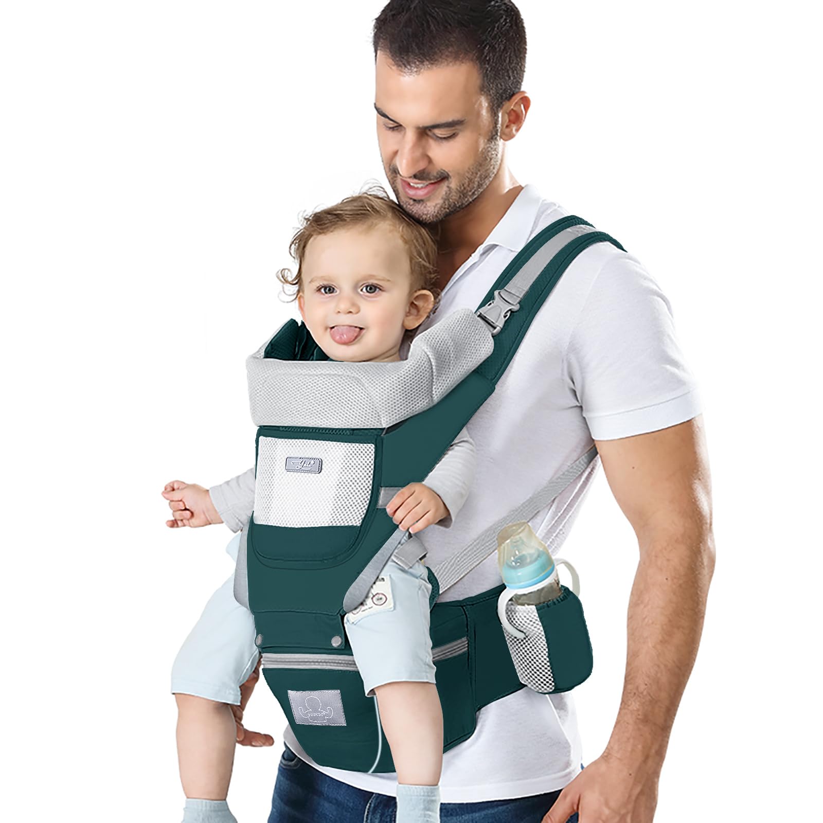 YSSKTC Baby Carrier showing six wearing styles for growing babies.
