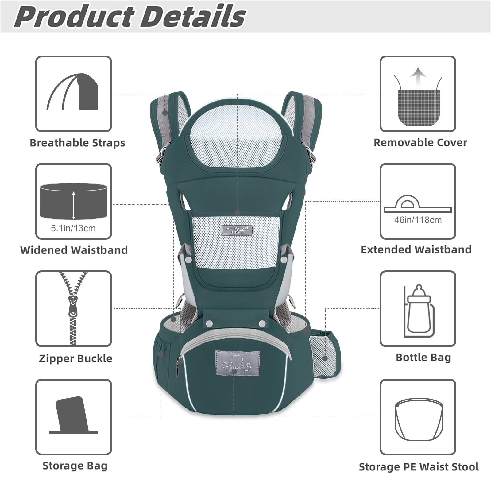 YSSKTC Ergonomic hip seat supports baby's M-shaped posture.
