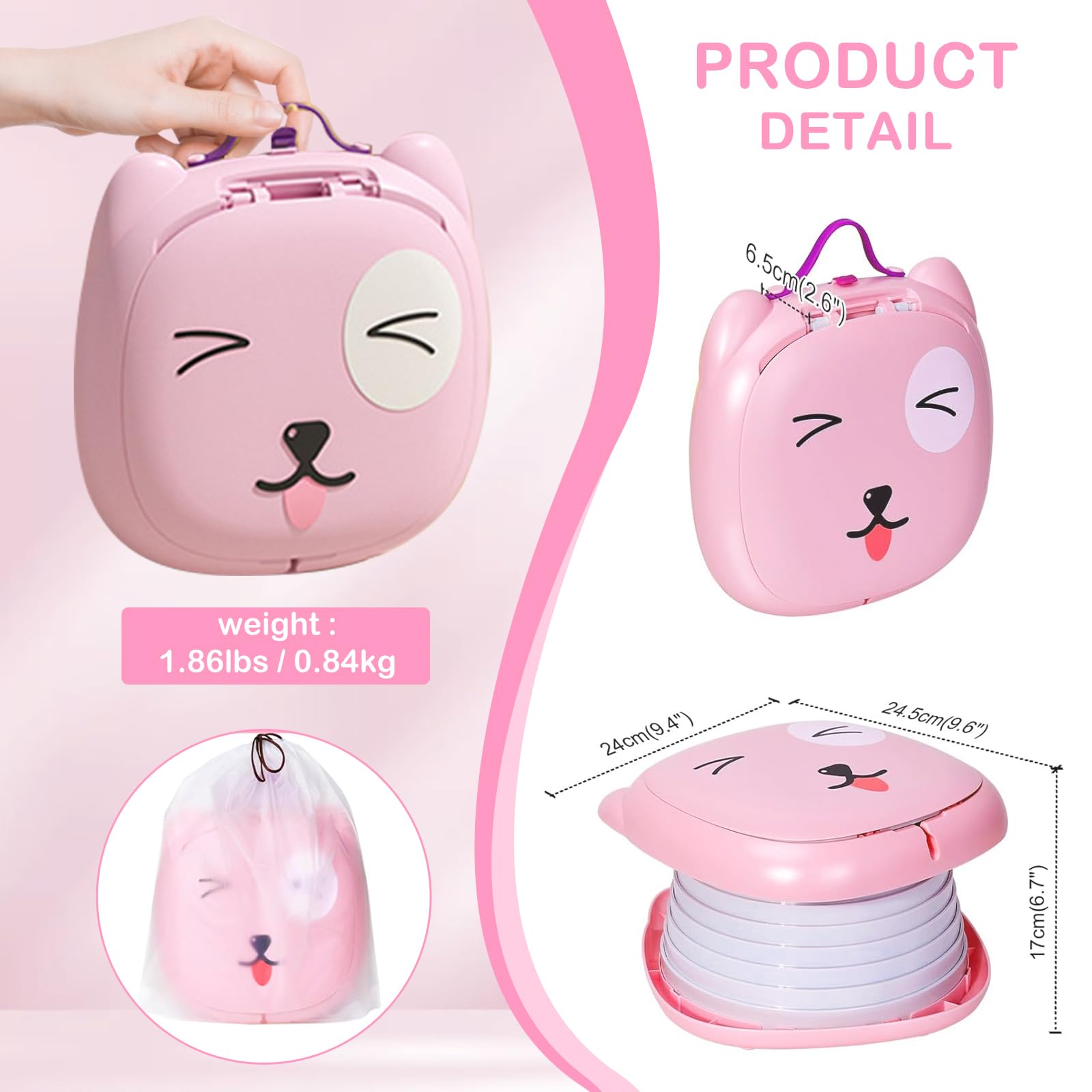 Yszawmx pink travel potty shown with dimensions for fit in cars and trails.