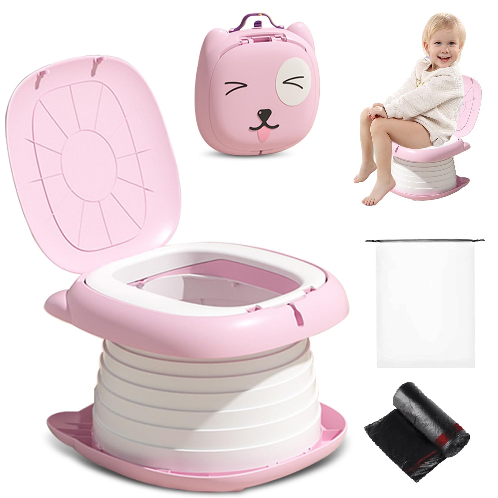 Yszawmx pink travel potty folded with bag for easy storage and transport.