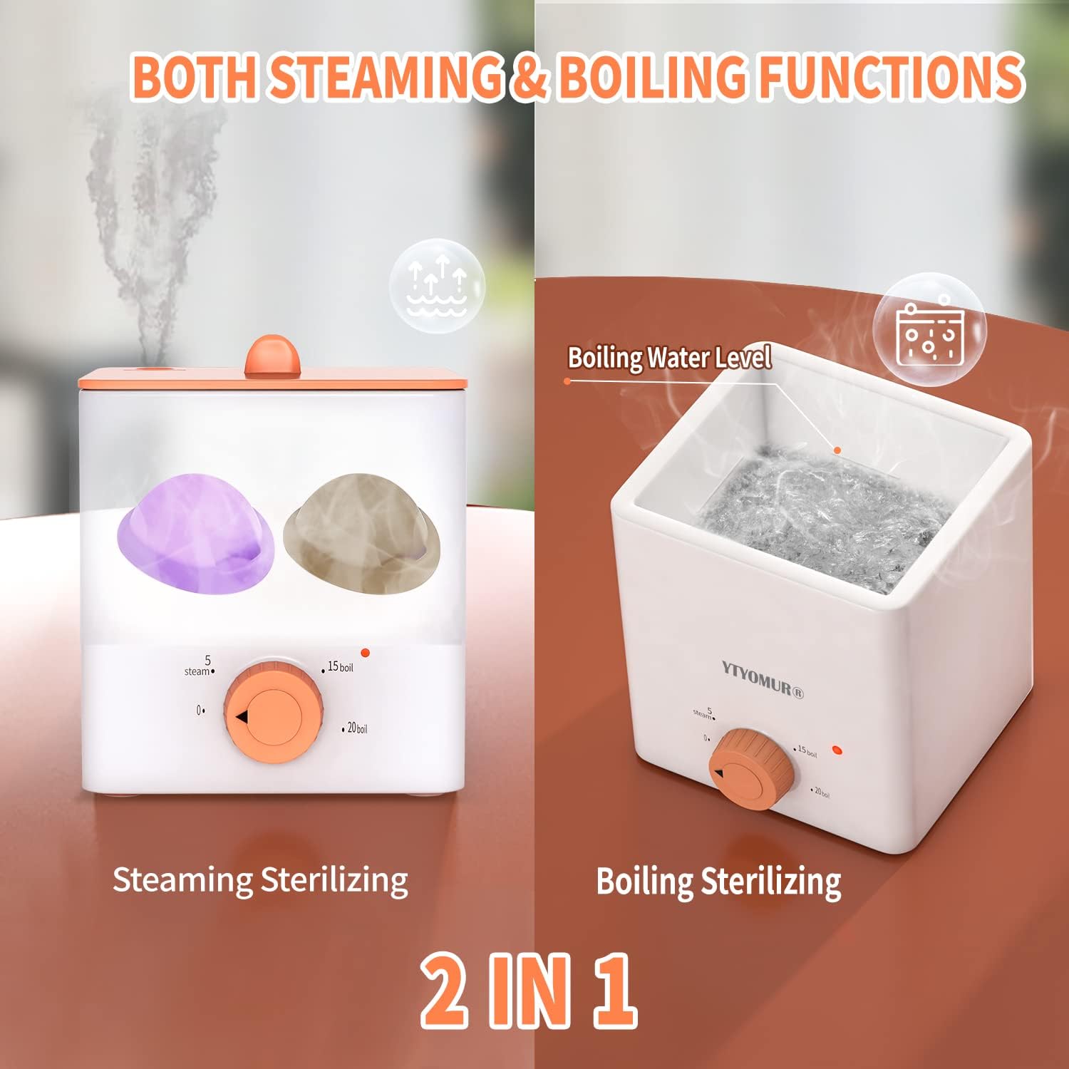 YTYOMUR steam mode function illustration promoting quick sanitizing sessions at home.