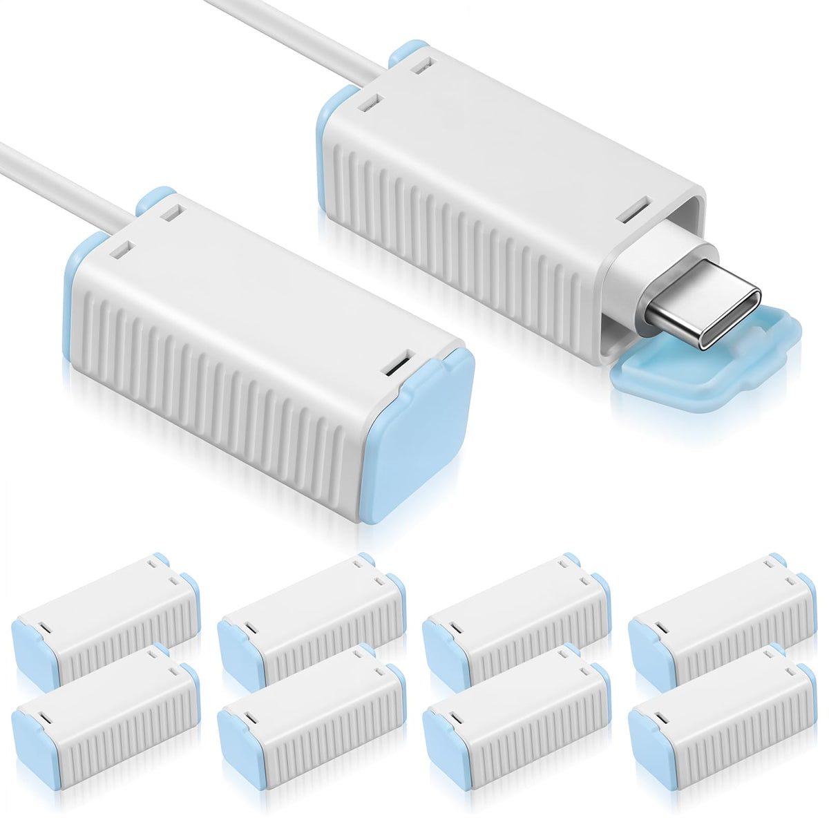 Yuanchu baby proof charger cord protector on blue-white setup prevents curious hands from ports.