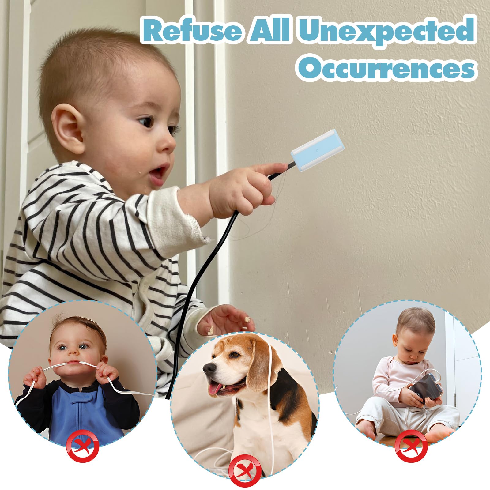 Blue and white protectors cover charging ports and reduce dust, keeping cables tidy.