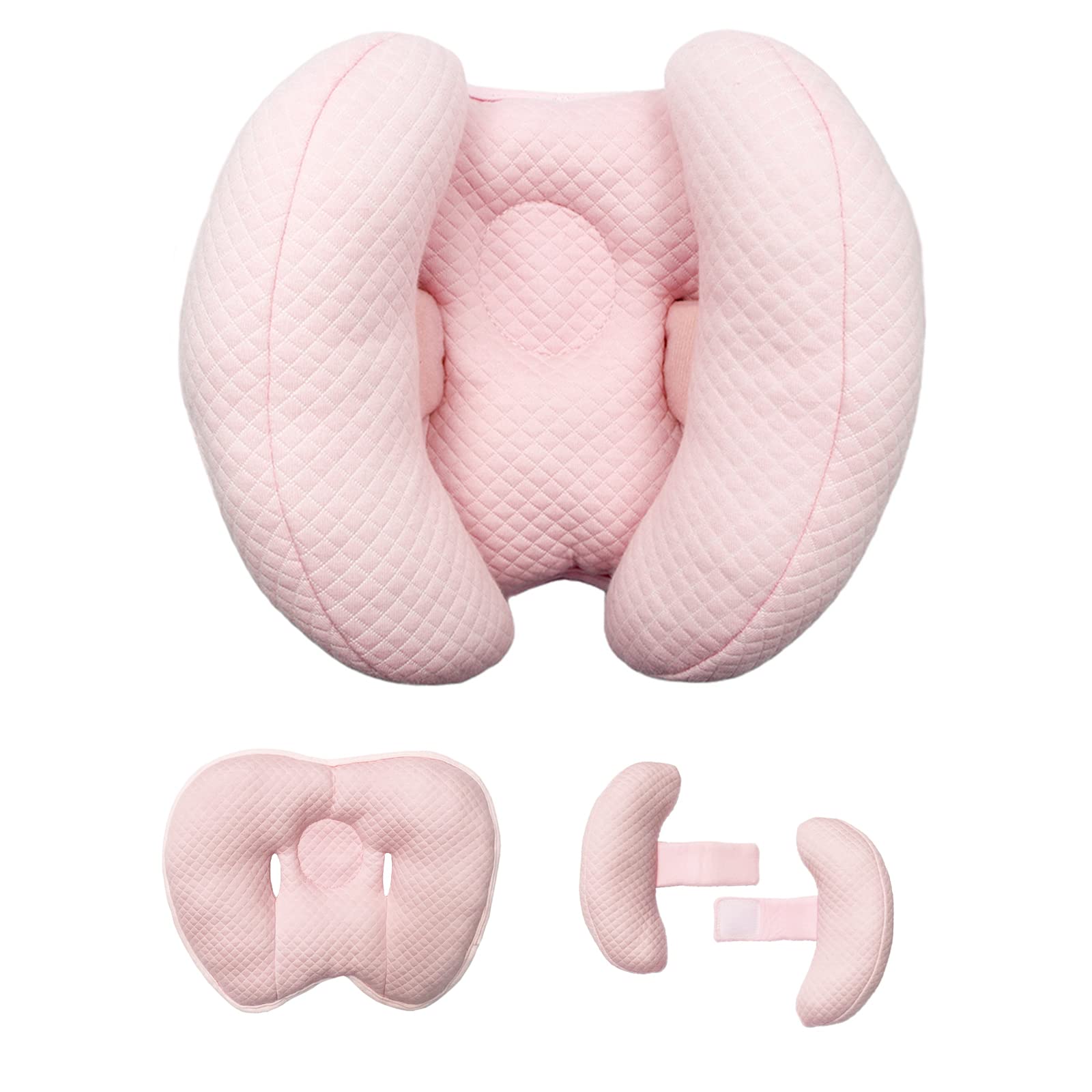 Yufiova banana-shape travel pillow pink provides stable baby head support.