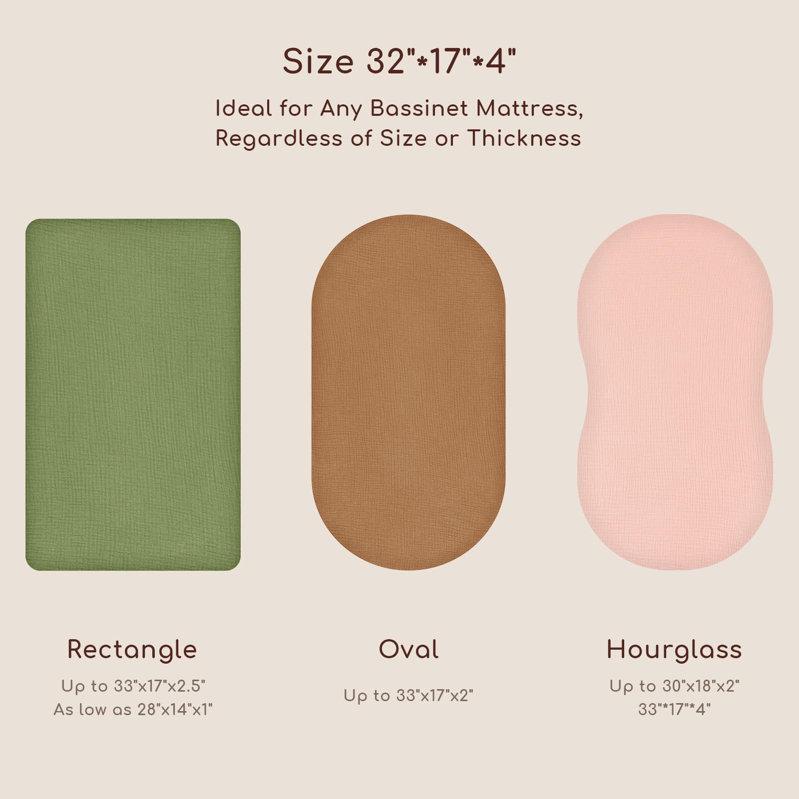 Yukkidds bassinet sheet fits rectangle, oval, and hourglass mattresses.