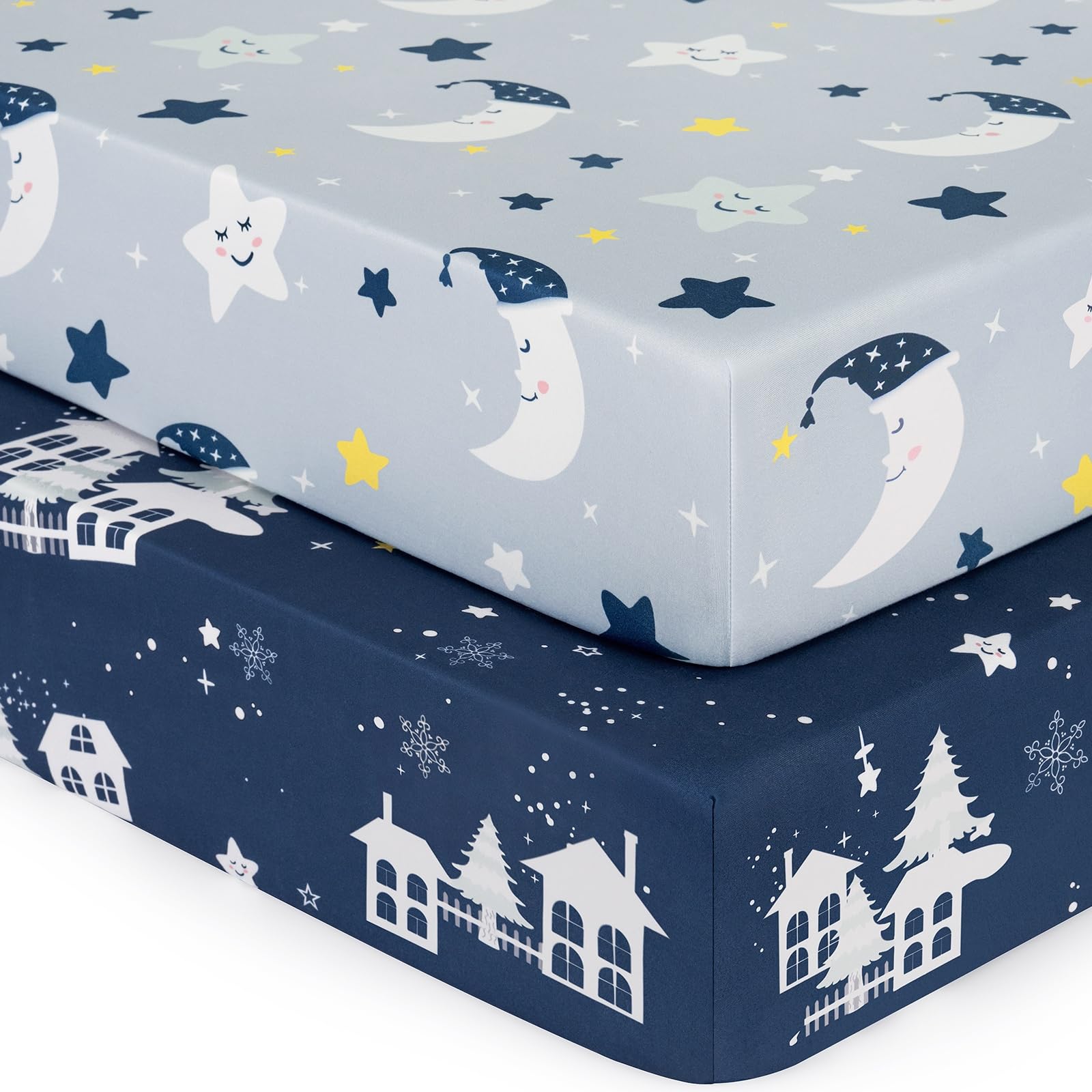 Yukkidds dark blue crib sheet closeup shows soft microfiber texture for cozy naps.