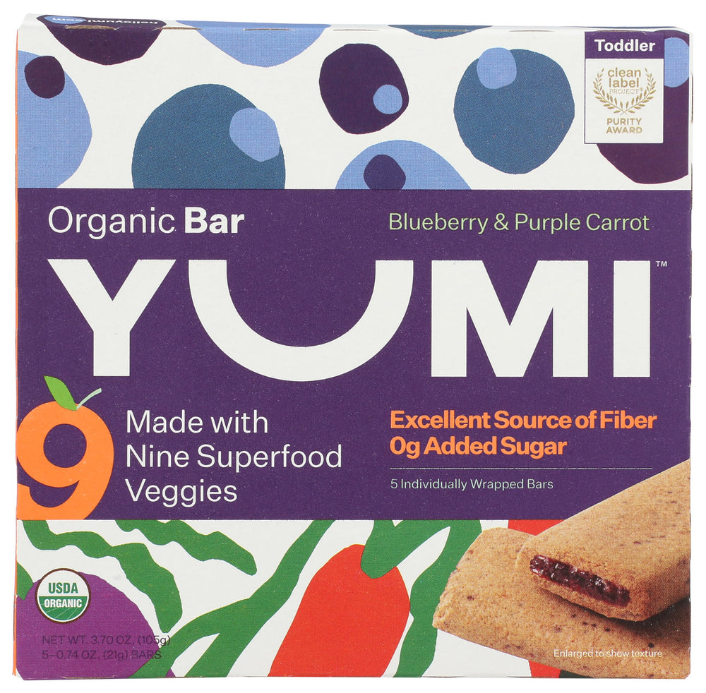 Yumi Bar Bluberry Purple Carrot packaging close-up for on-the-go snacking.