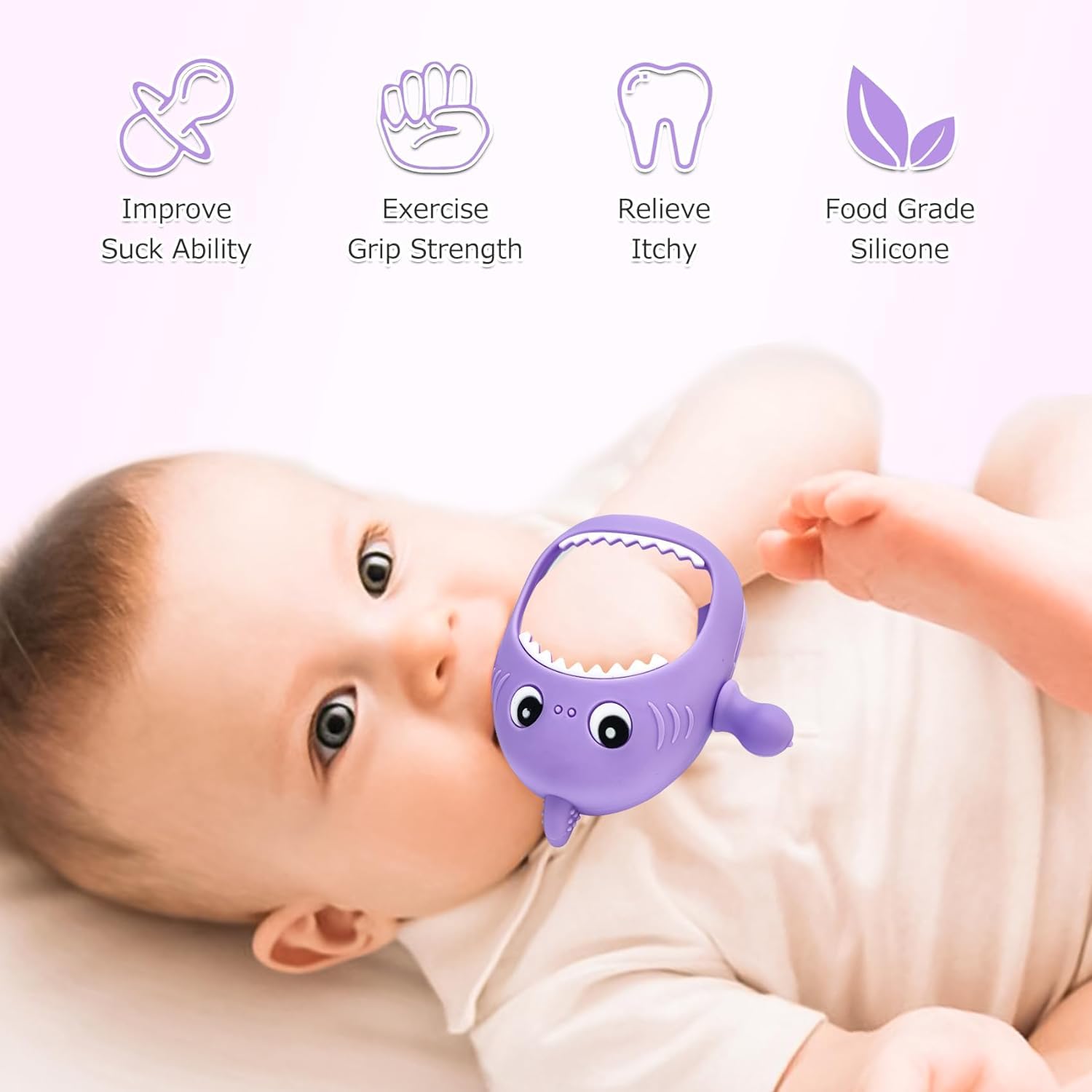 Yummy Baby never-drop teether mitten in purple prevents drops during playtime