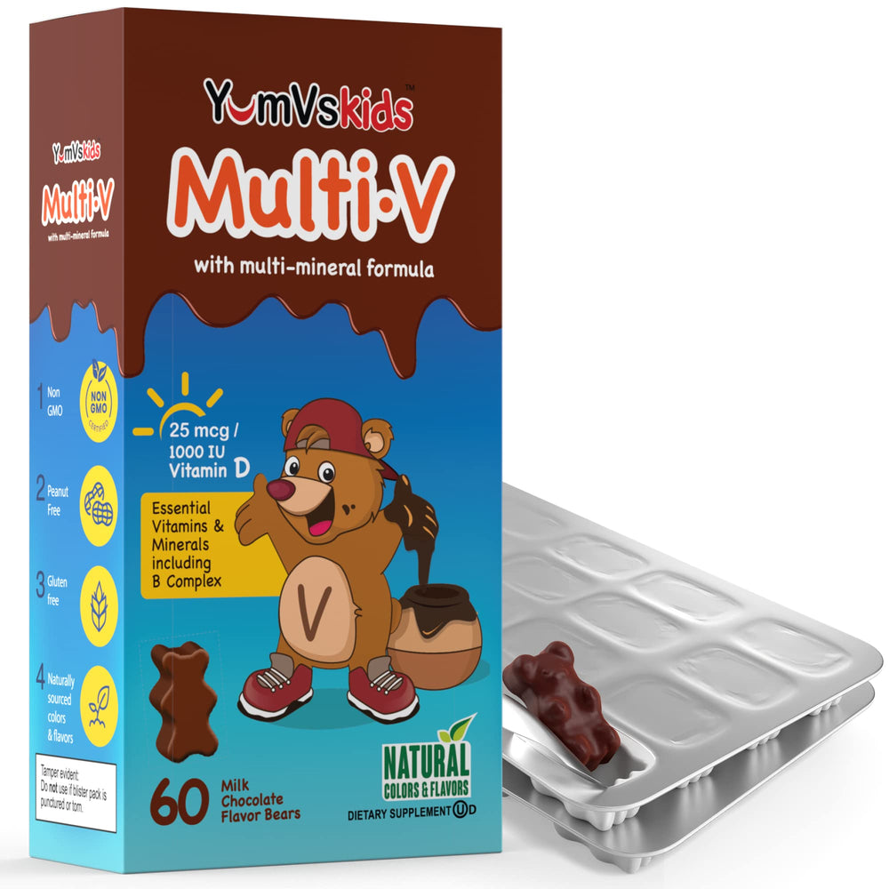 YUM-V'S chocolate bears in a kid's hands illustrating easy dosing.