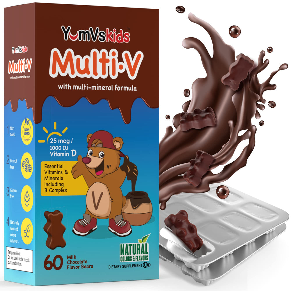 YUM-V'S Kids Multivitamin Chocolate Bears pack shown for daily nutrition on the go.