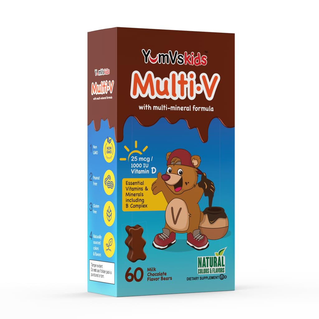 YUM-V'S nutrition facts panel emphasizing 16 essential vitamins and minerals.