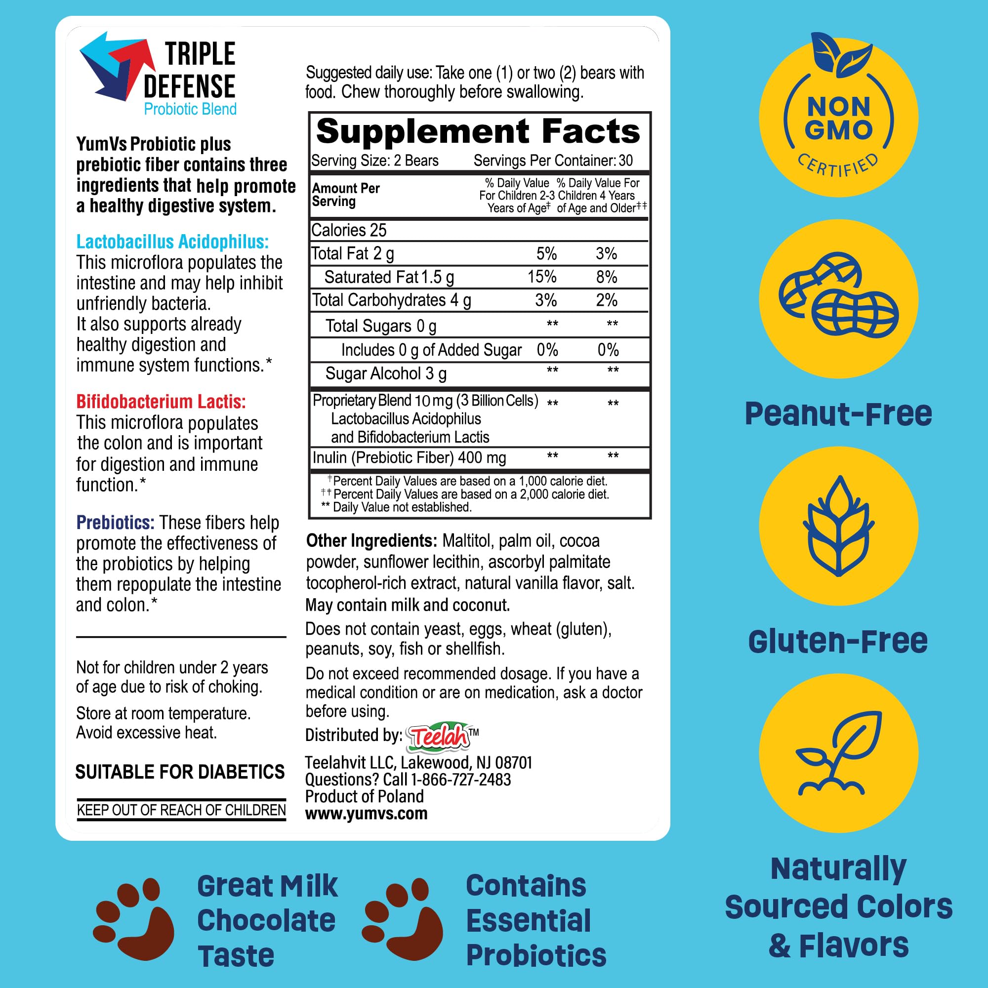 Non-GMO peanut-free gluten-free chocolate probiotic for kids