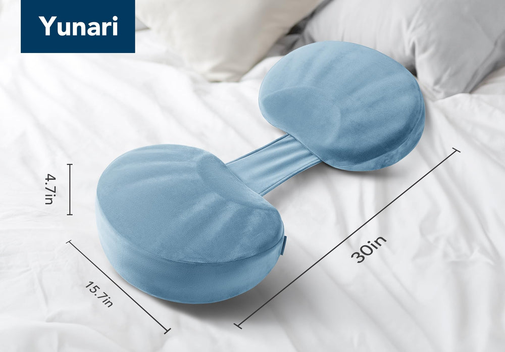 Yunari side-sleep optimized maternity pillow cradles the baby bump.