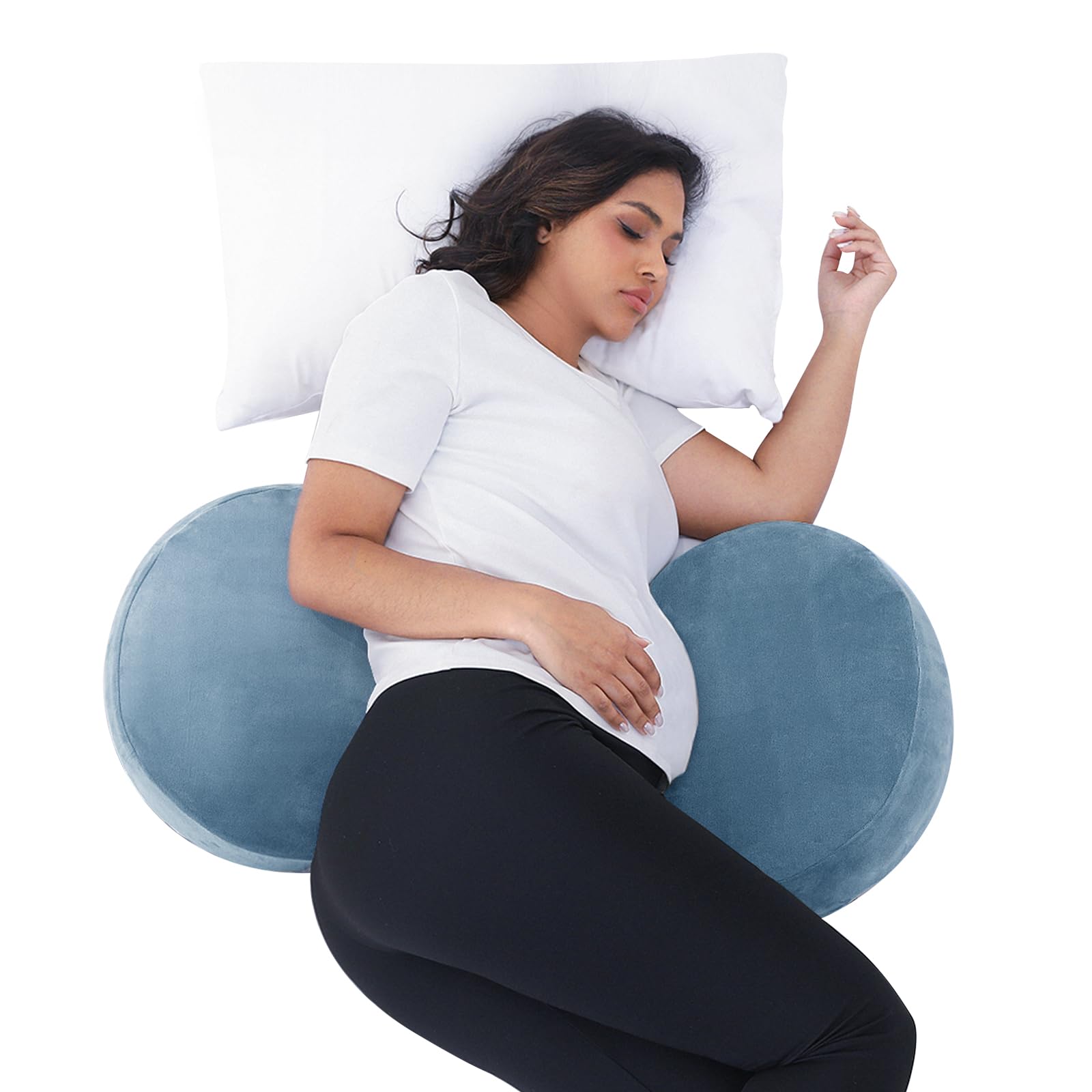 Yunari W-shape pregnancy pillow supports belly and back for side sleepers.