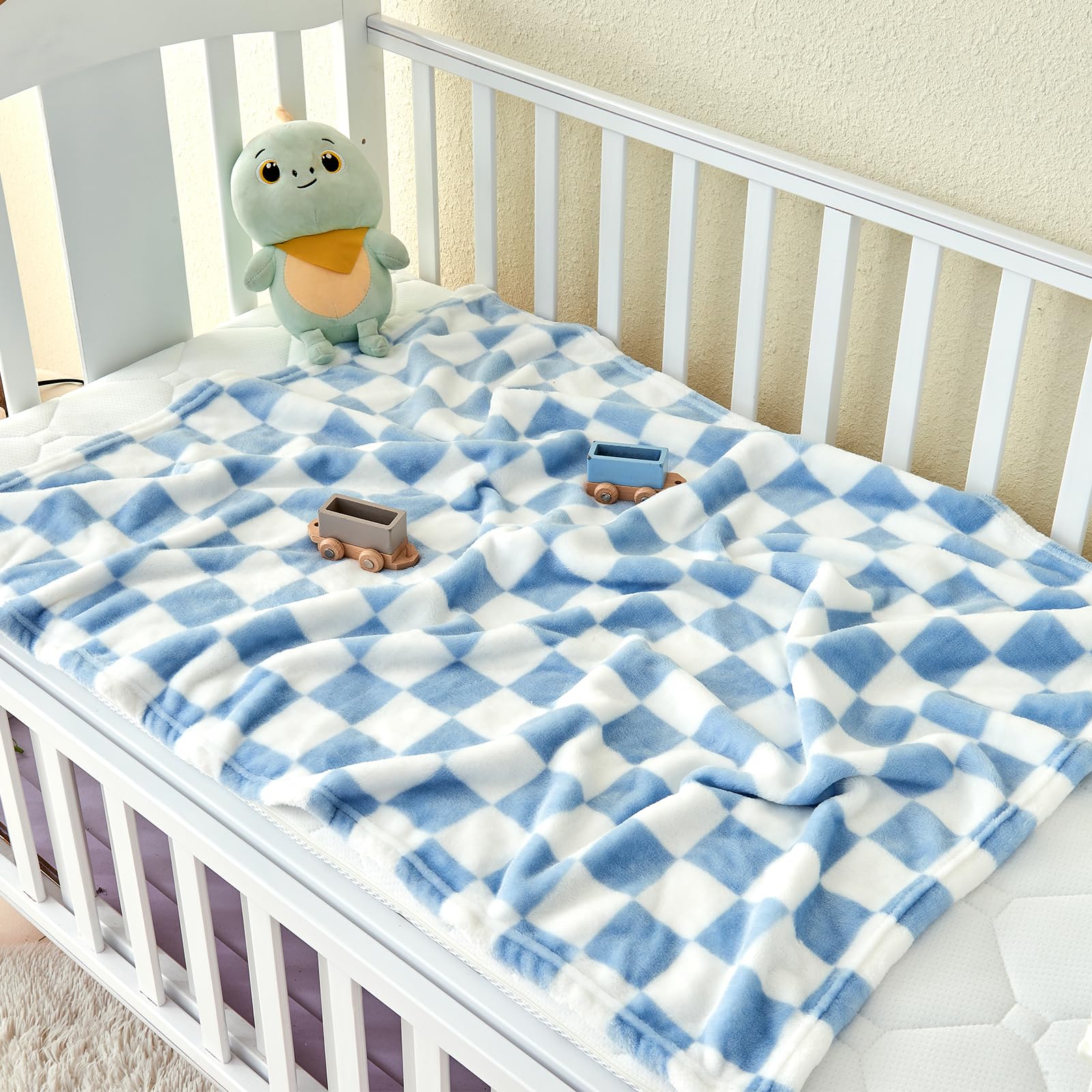 Yurhap checkered baby blanket blue crib time emphasizes cozy warmth during nap.