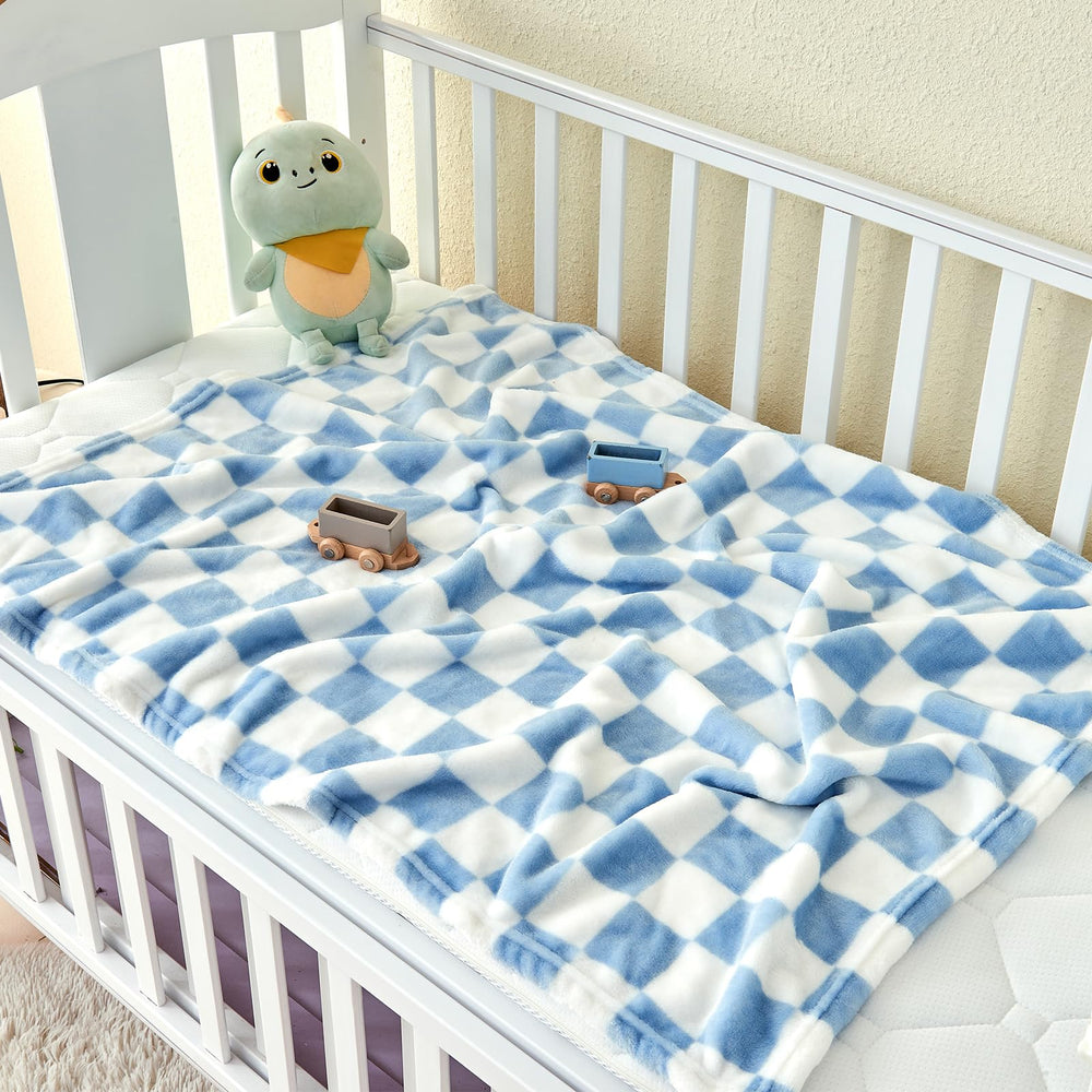 Yurhap checkered baby blanket blue crib time emphasizes cozy warmth during nap.