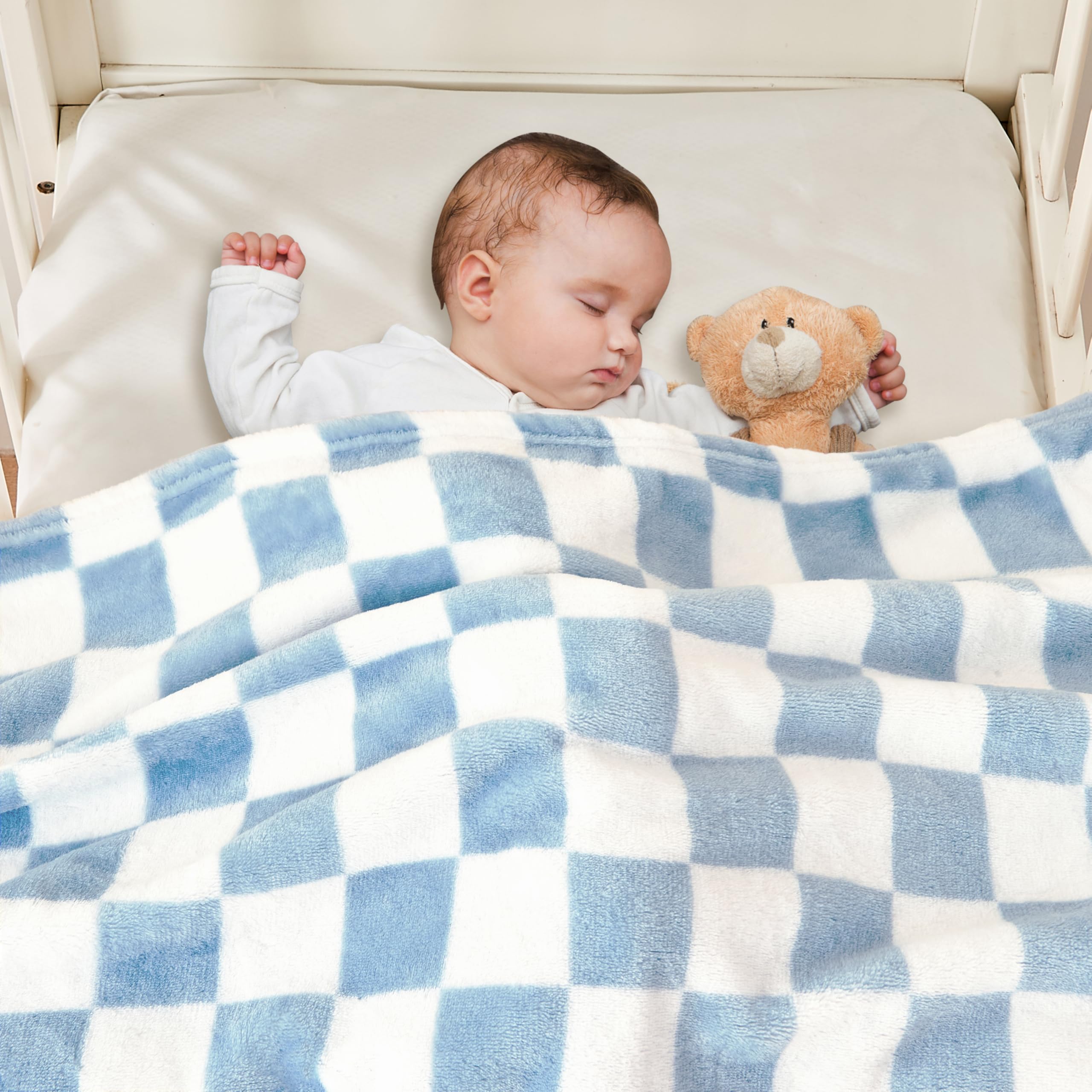 Yurhap checkered baby blanket blue swaddle use highlights gentle snugness for newborns.