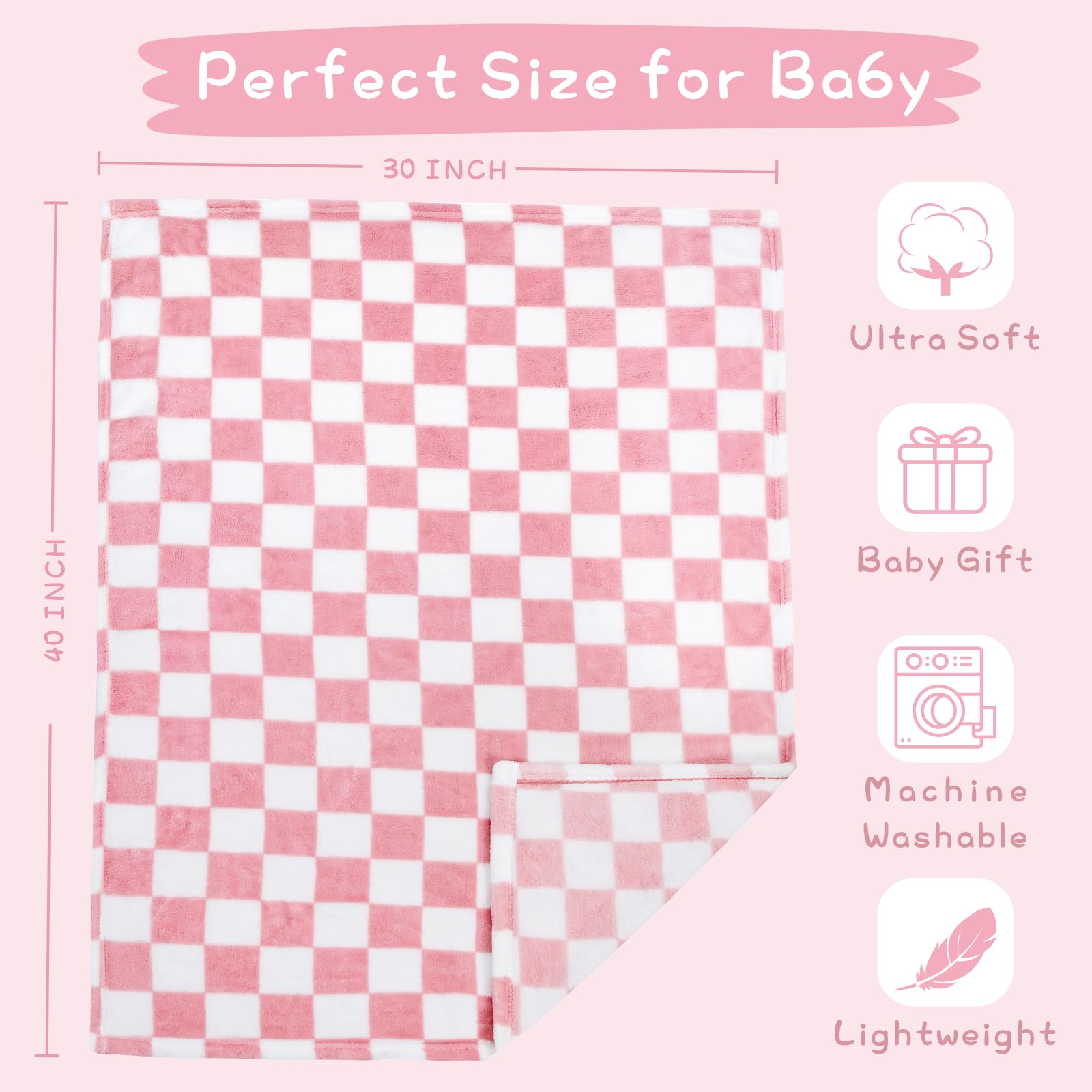 Yurhap pink checkered baby blanket close-up fabric showing microfiber softness.