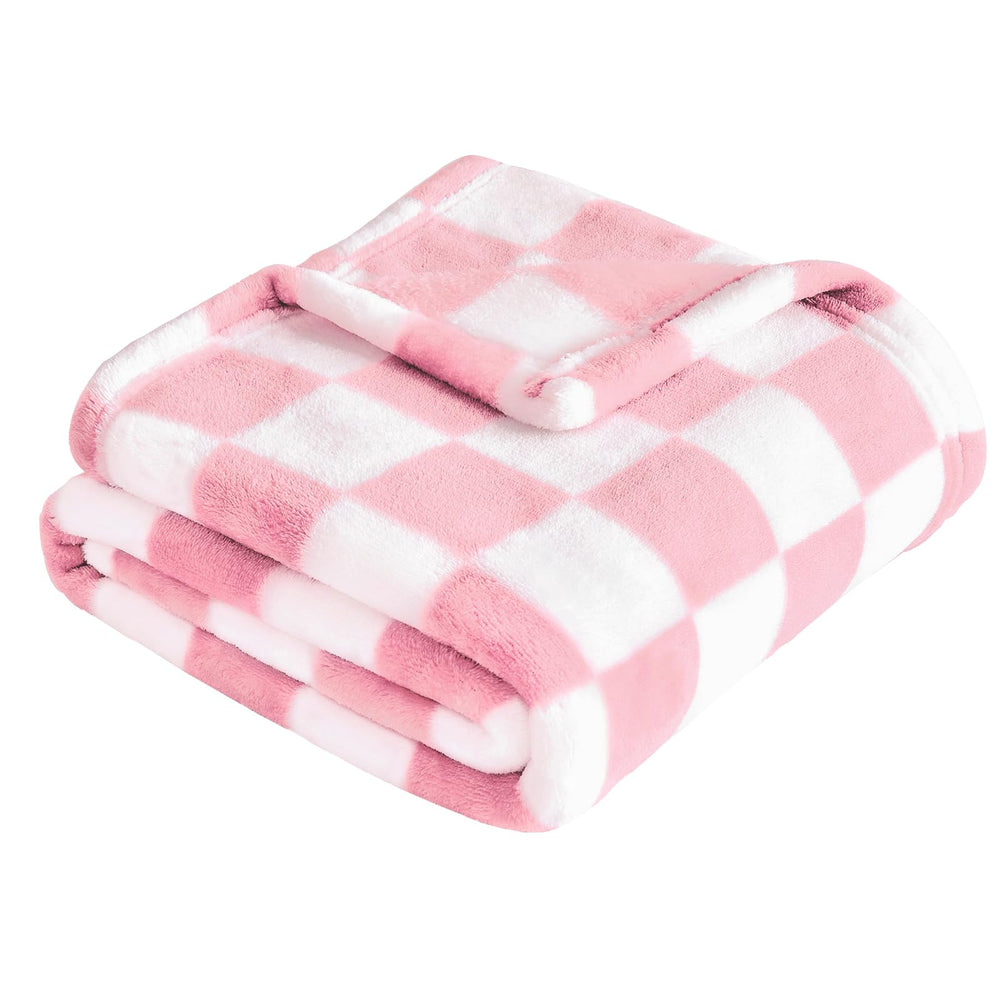 Yurhap pink checkered baby blanket folded, highlighting soft texture and portability.