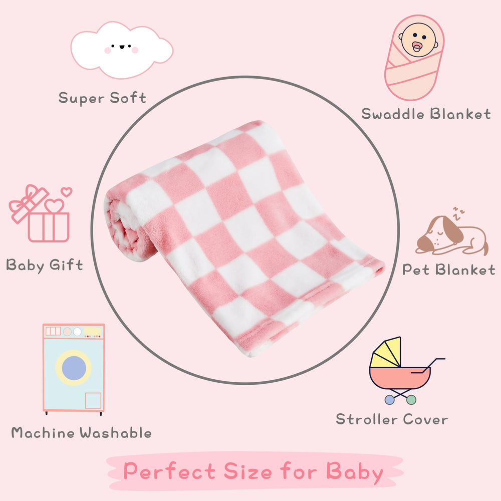 Yurhap pink checkered baby blanket in a nursery scene, adding soft texture and color.