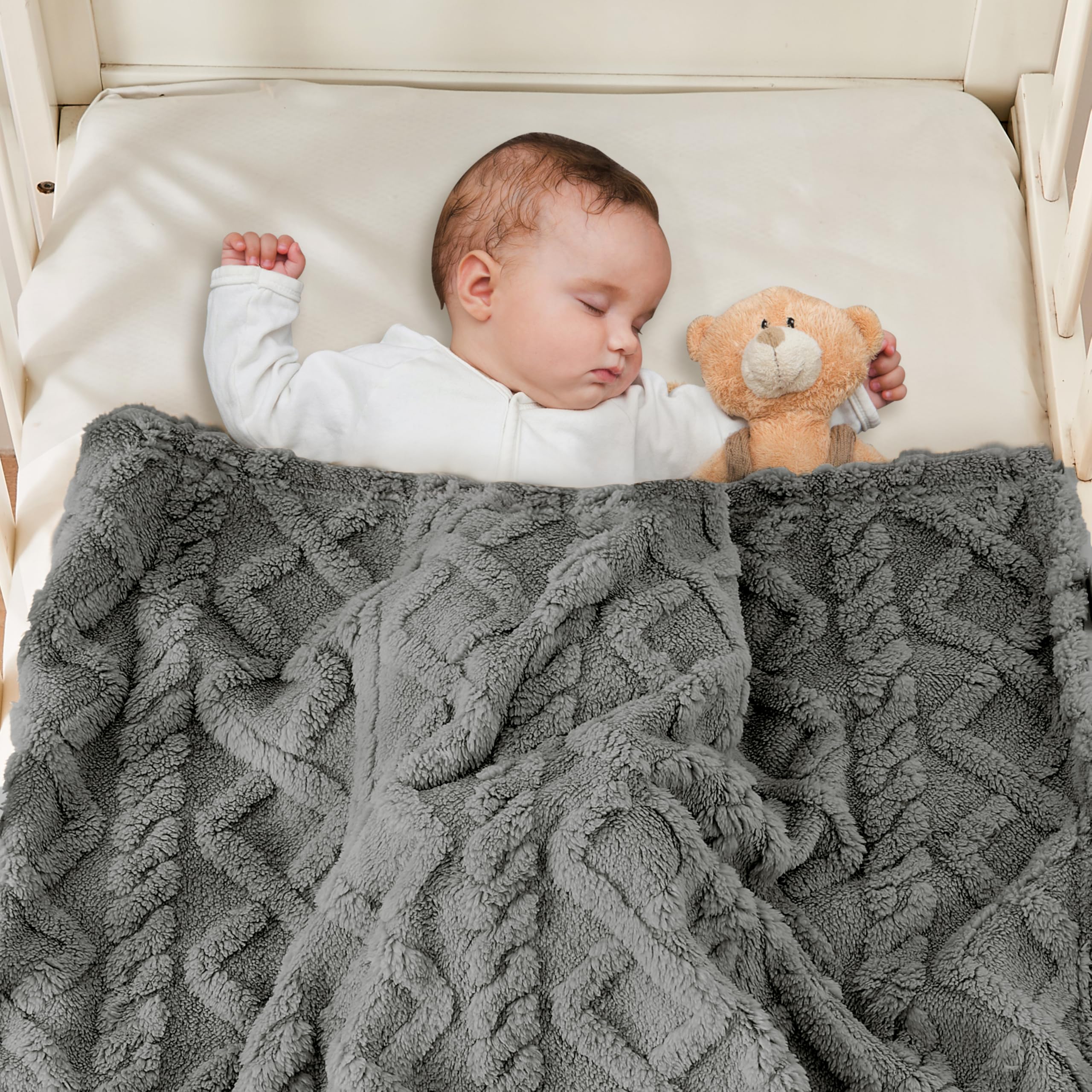 Yurhap Sherpa blanket in crib setup, stylish warmth for nap time.