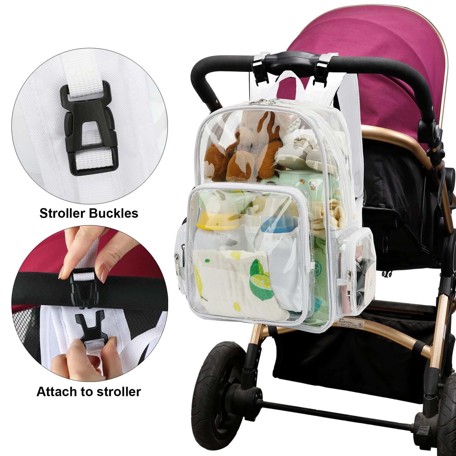 Yusudan clear diaper bag insulated bottle pockets keep bottles at a stable temperature.