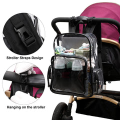 Yusudan clear diaper bag backpack insulated bottle pockets help keep drinks warm.