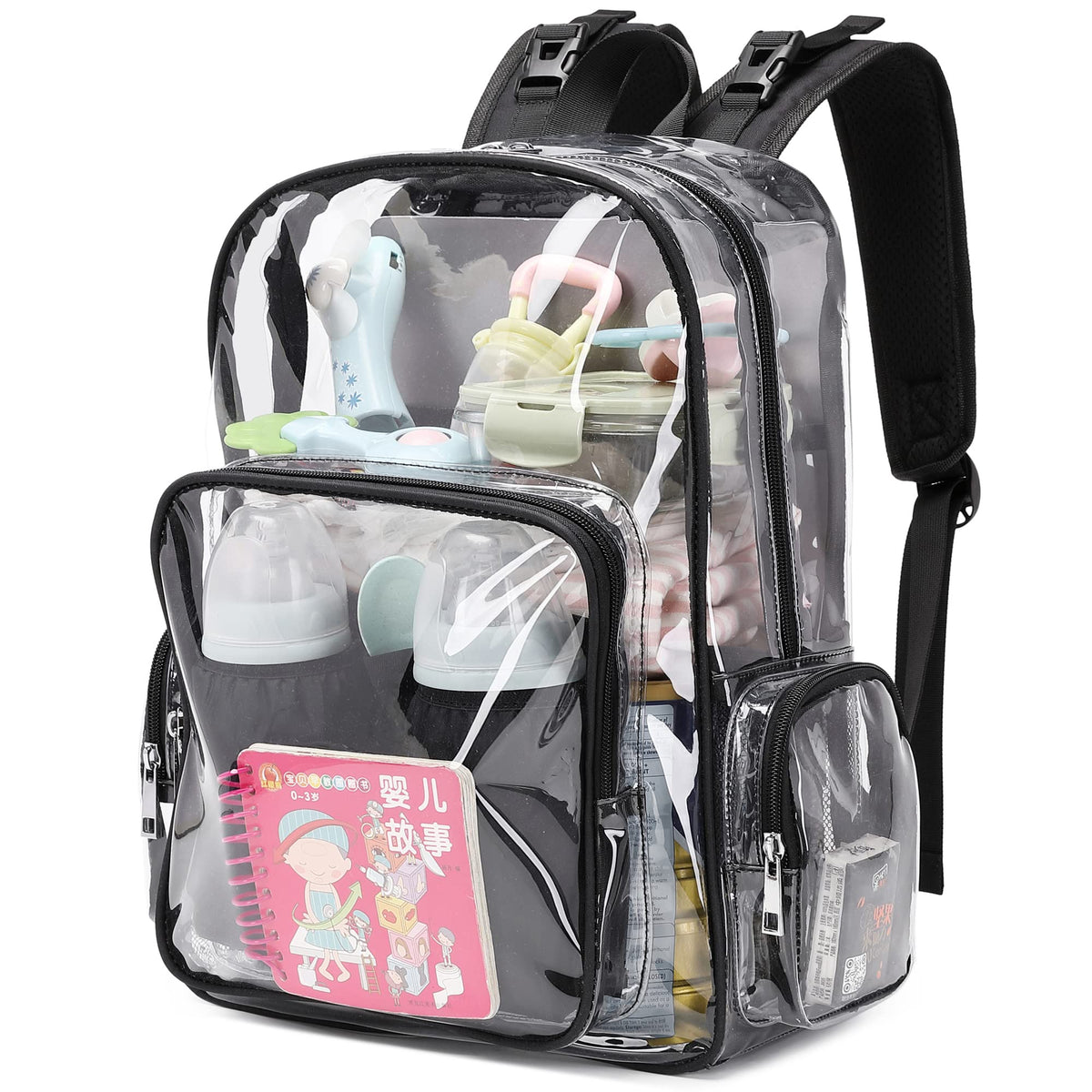 Yusudan clear diaper bag backpack with large main compartment for quick access to essentials.