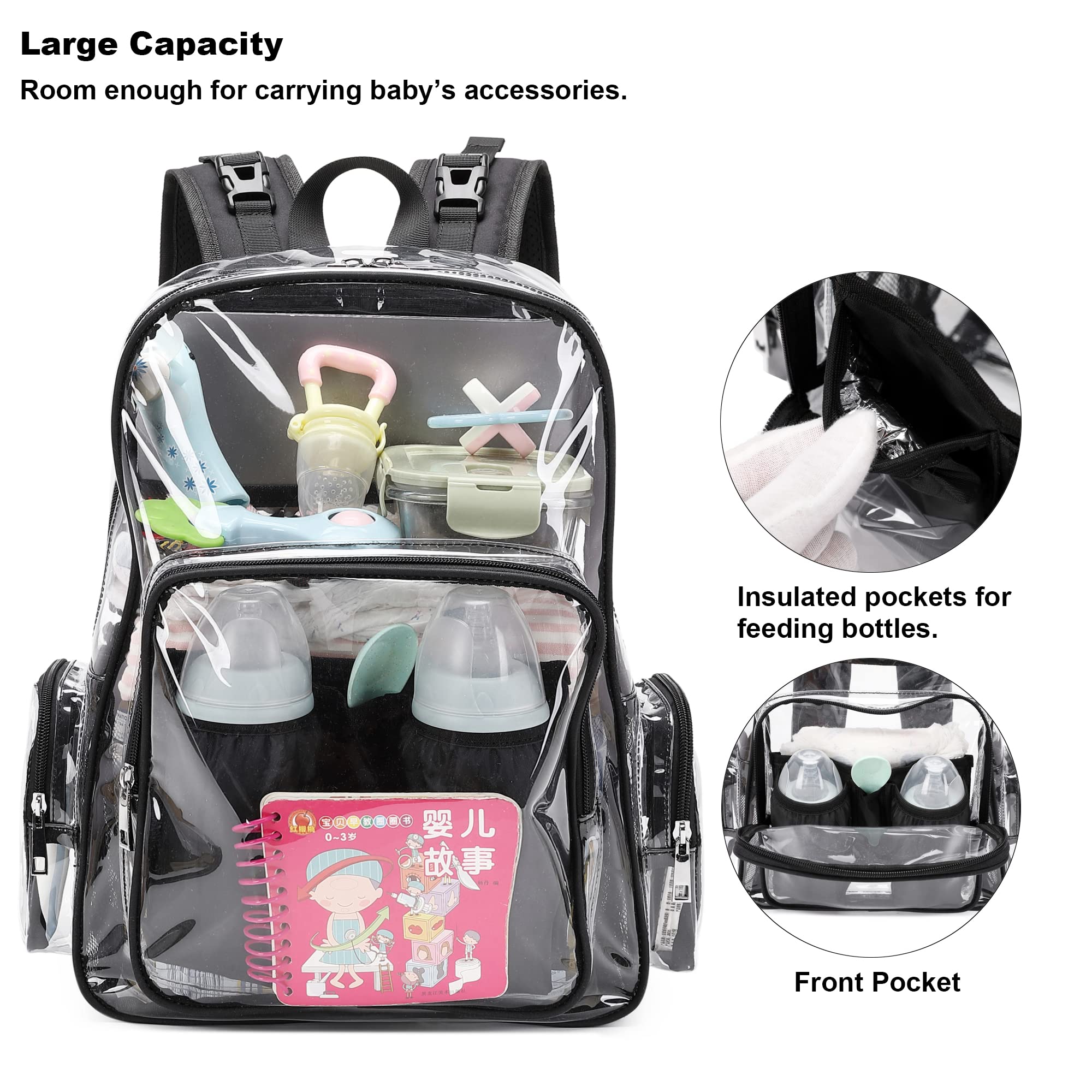 Yusudan clear diaper bag backpack top-opening design for easy packing and retrieval.