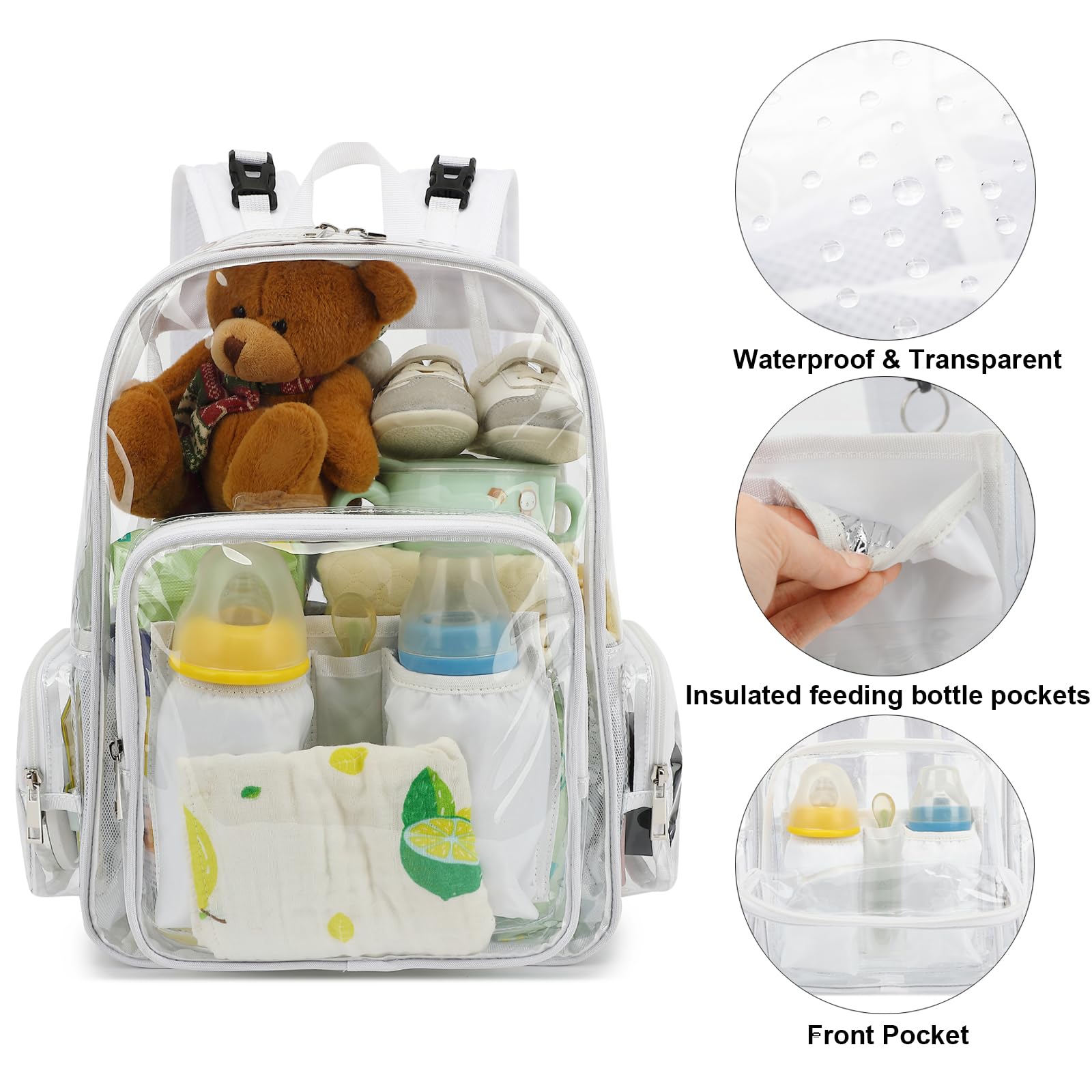 Yusudan clear diaper bag top opening enables easy packing and retrieval.