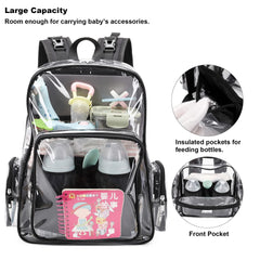 Yusudan clear diaper bag backpack top-opening design for easy packing and retrieval.