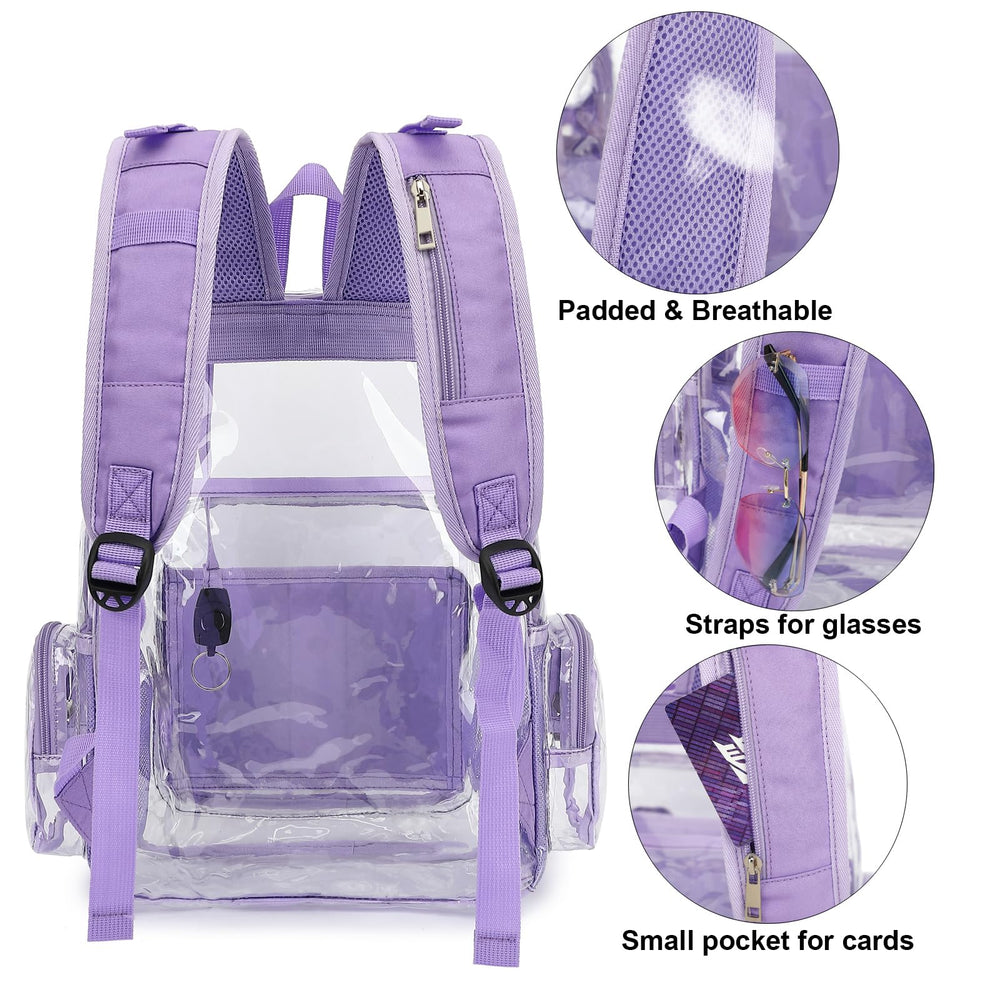 Yusudan clear diaper bag backpack lavender purple organized interior helps locate items fast.