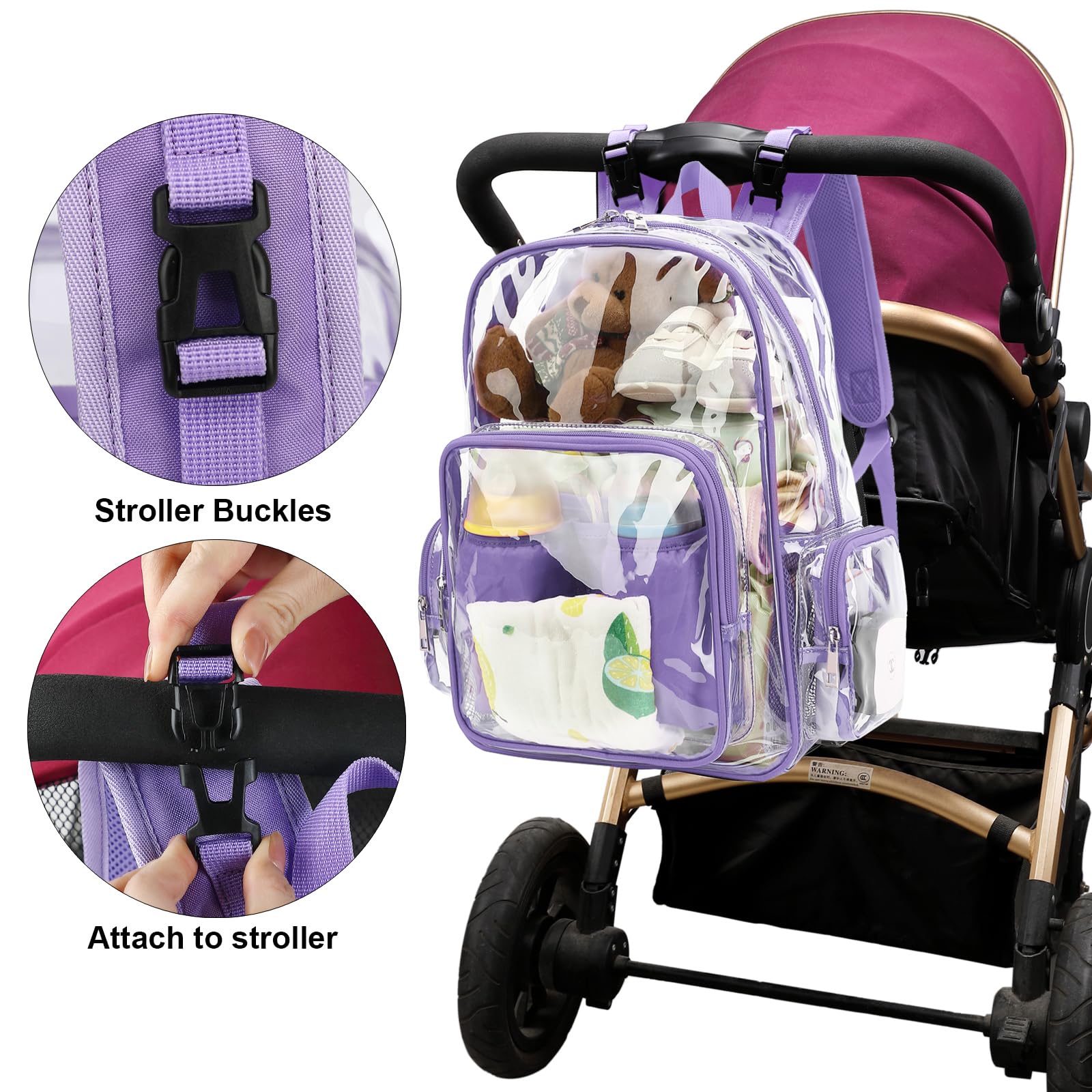 Yusudan clear diaper bag backpack lavender purple insulated-bottle-pockets keep bottles warm or cool.
