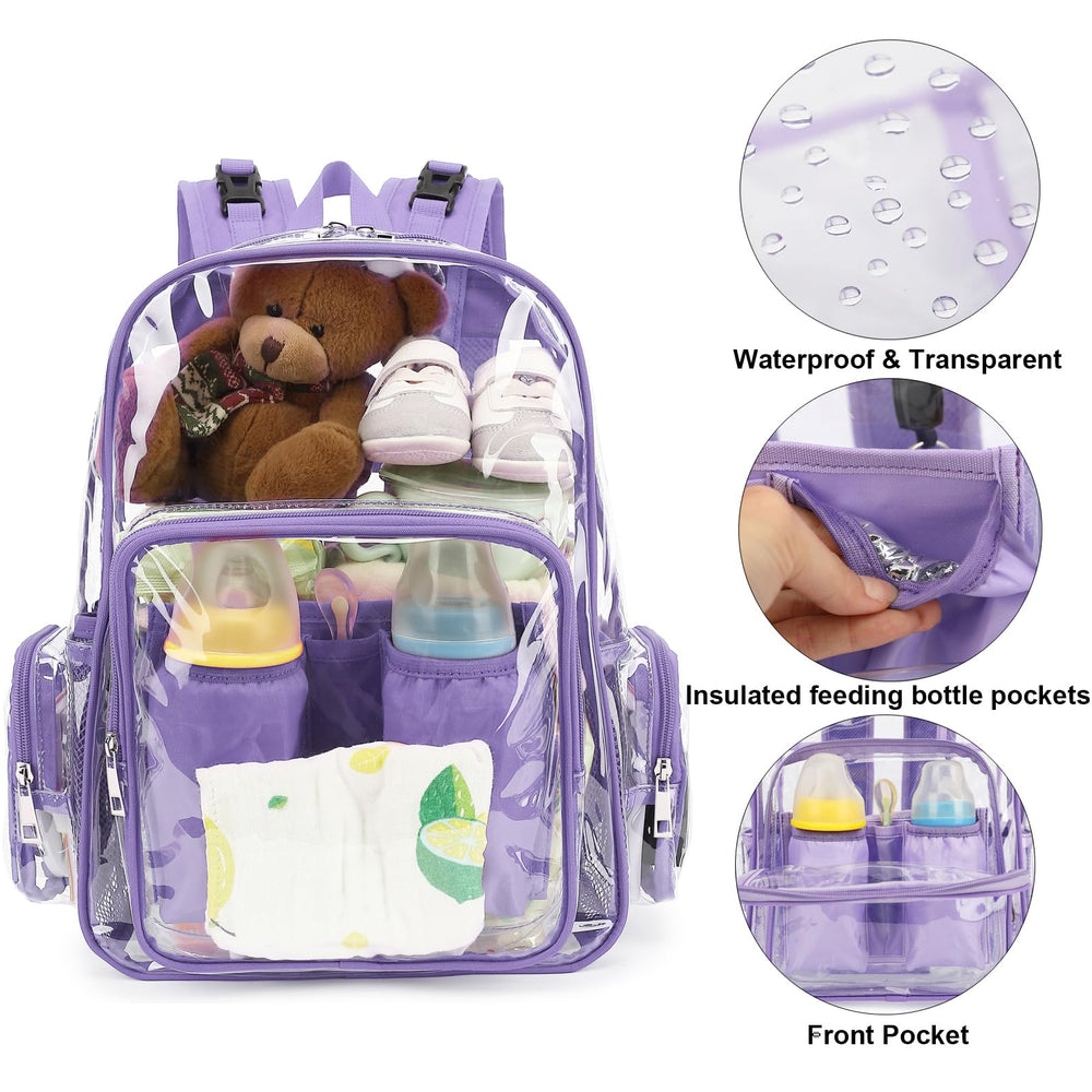 Yusudan clear diaper bag backpack lavender purple top opening for easy packing and loading.