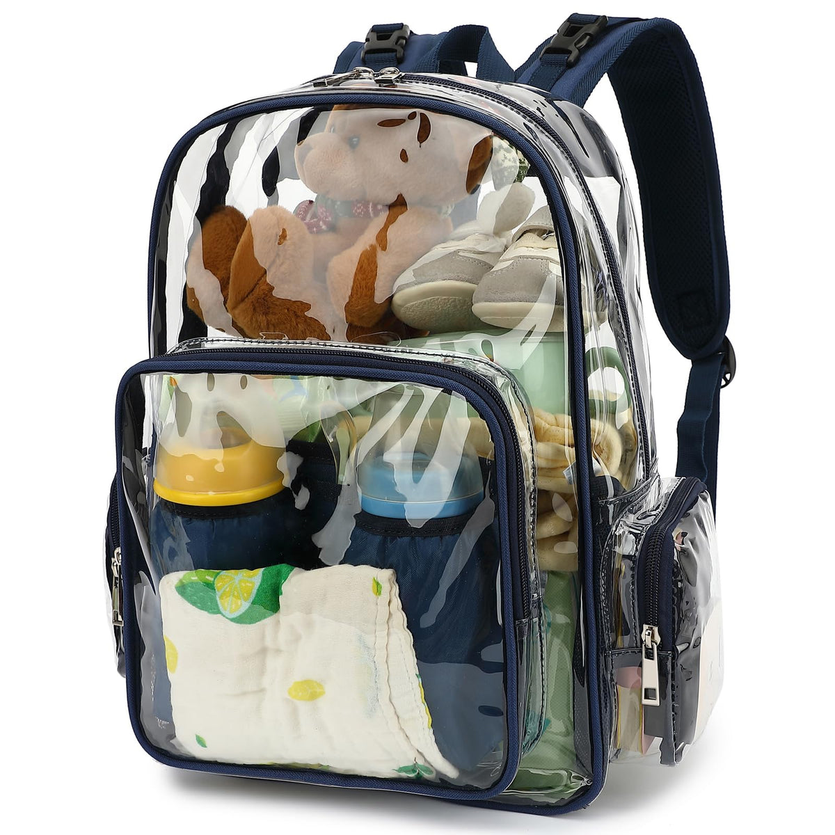 Yusudan Clear Diaper Bag Backpack front view with see-through design for quick access.