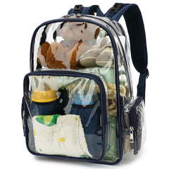 Yusudan Clear Diaper Bag Backpack front view with see-through design for quick access.