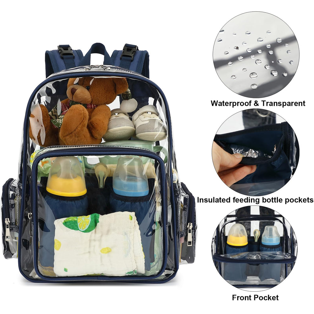 Yusudan Clear Diaper Bag Backpack side pocket view highlighting organized storage for bottles.