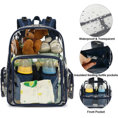 Yusudan Clear Diaper Bag Backpack side pocket view highlighting organized storage for bottles.