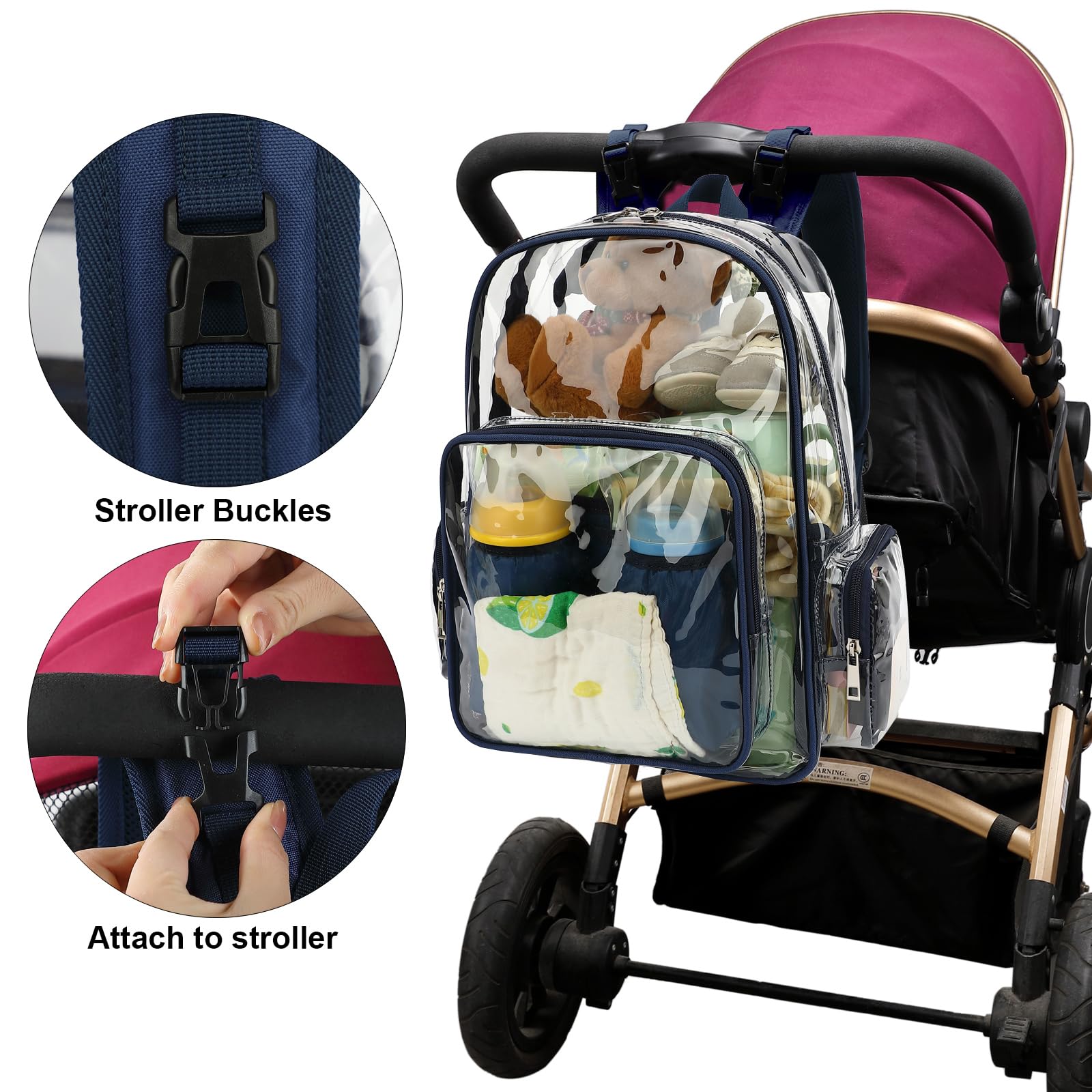 Yusudan Clear Diaper Bag Backpack top opening for easy reach to essentials.