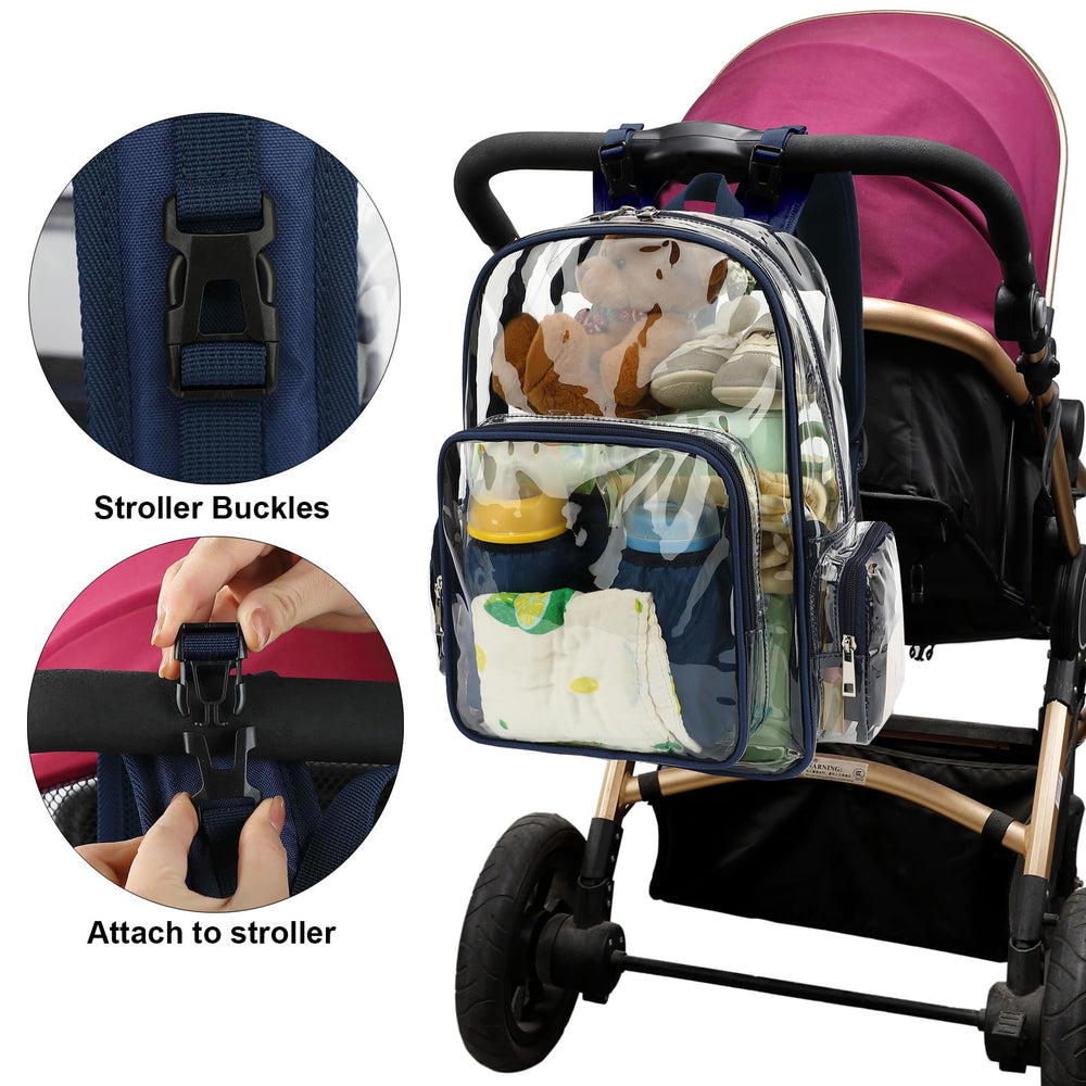 Yusudan Clear Diaper Bag Backpack top opening for easy reach to essentials.