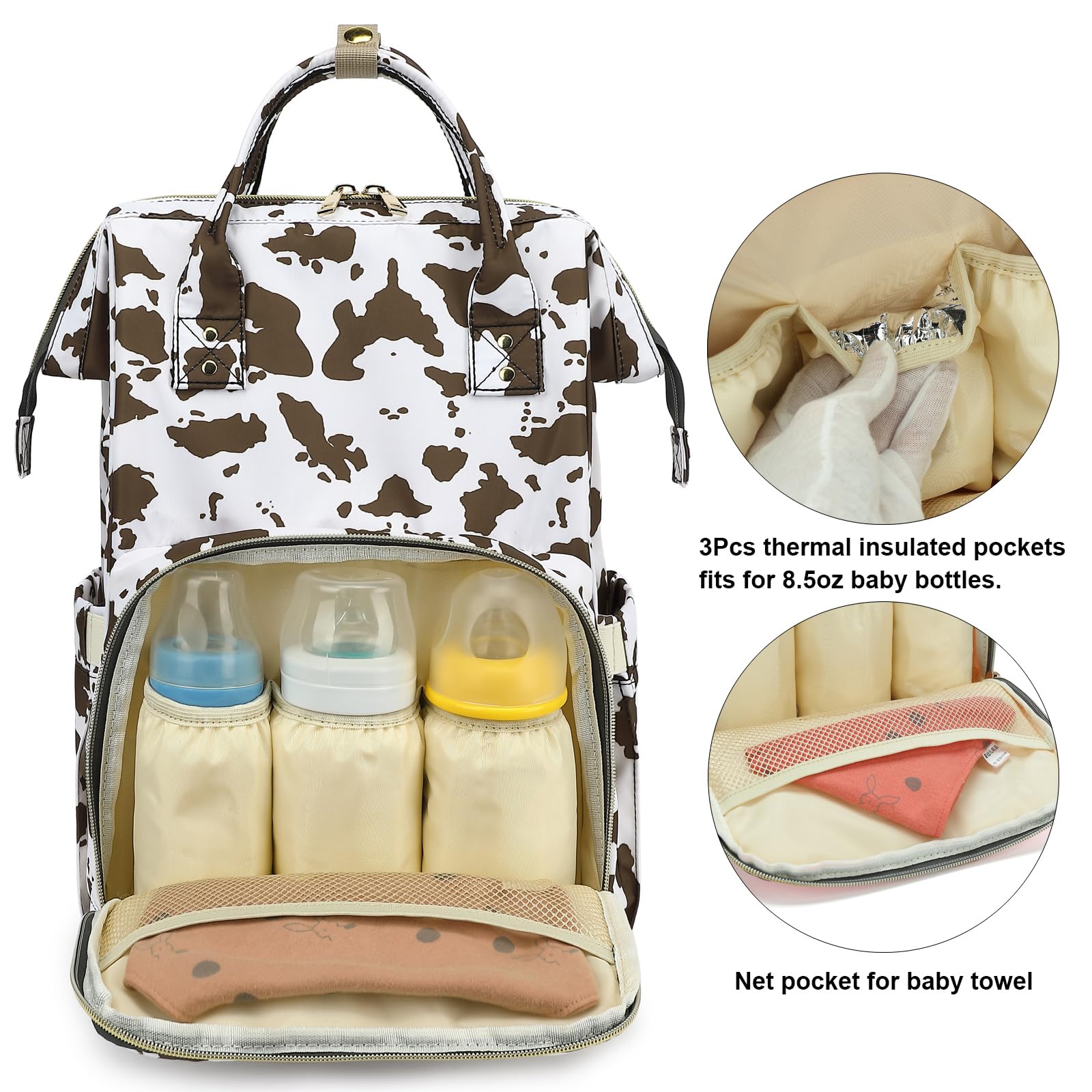 Yusudan cow print diaper bag back view showing comfortable padded straps.