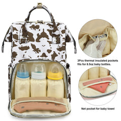 Yusudan cow print diaper bag back view showing comfortable padded straps.