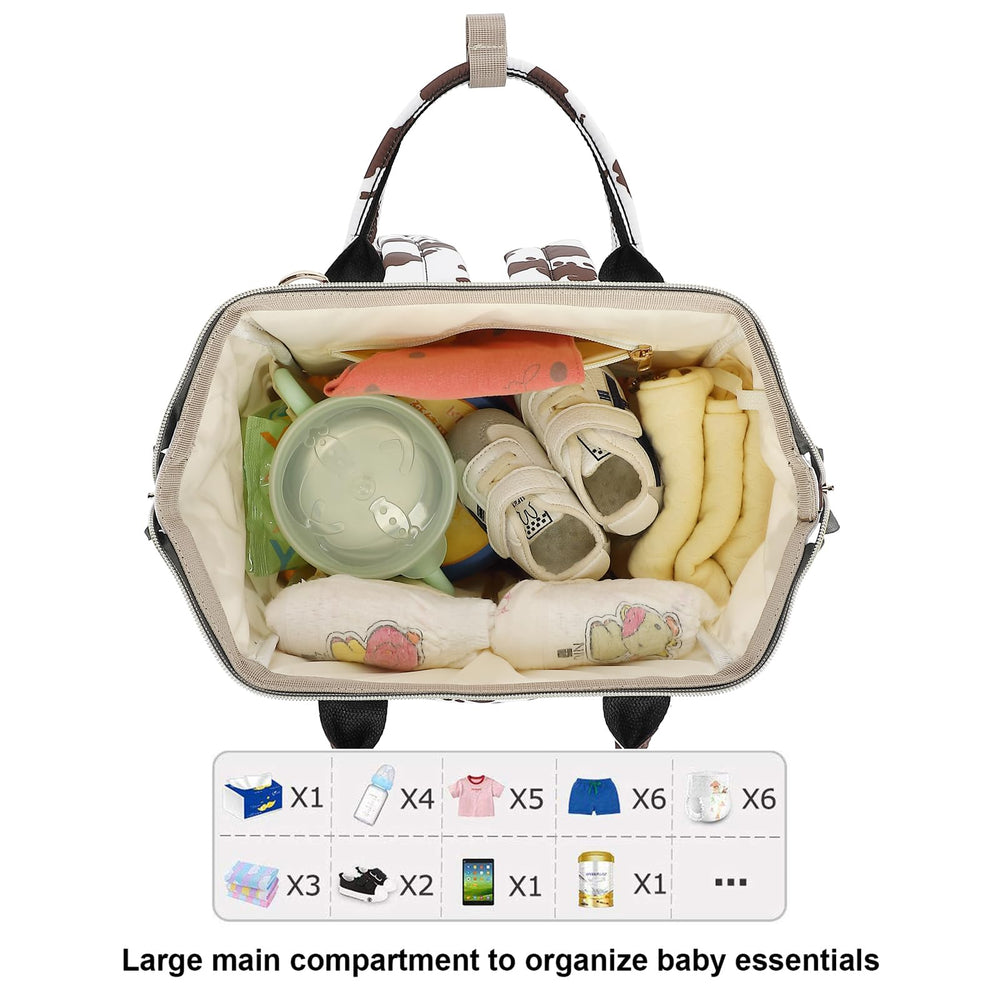 Yusudan cow print diaper bag with insulated bottle pockets keeping feeds warm.