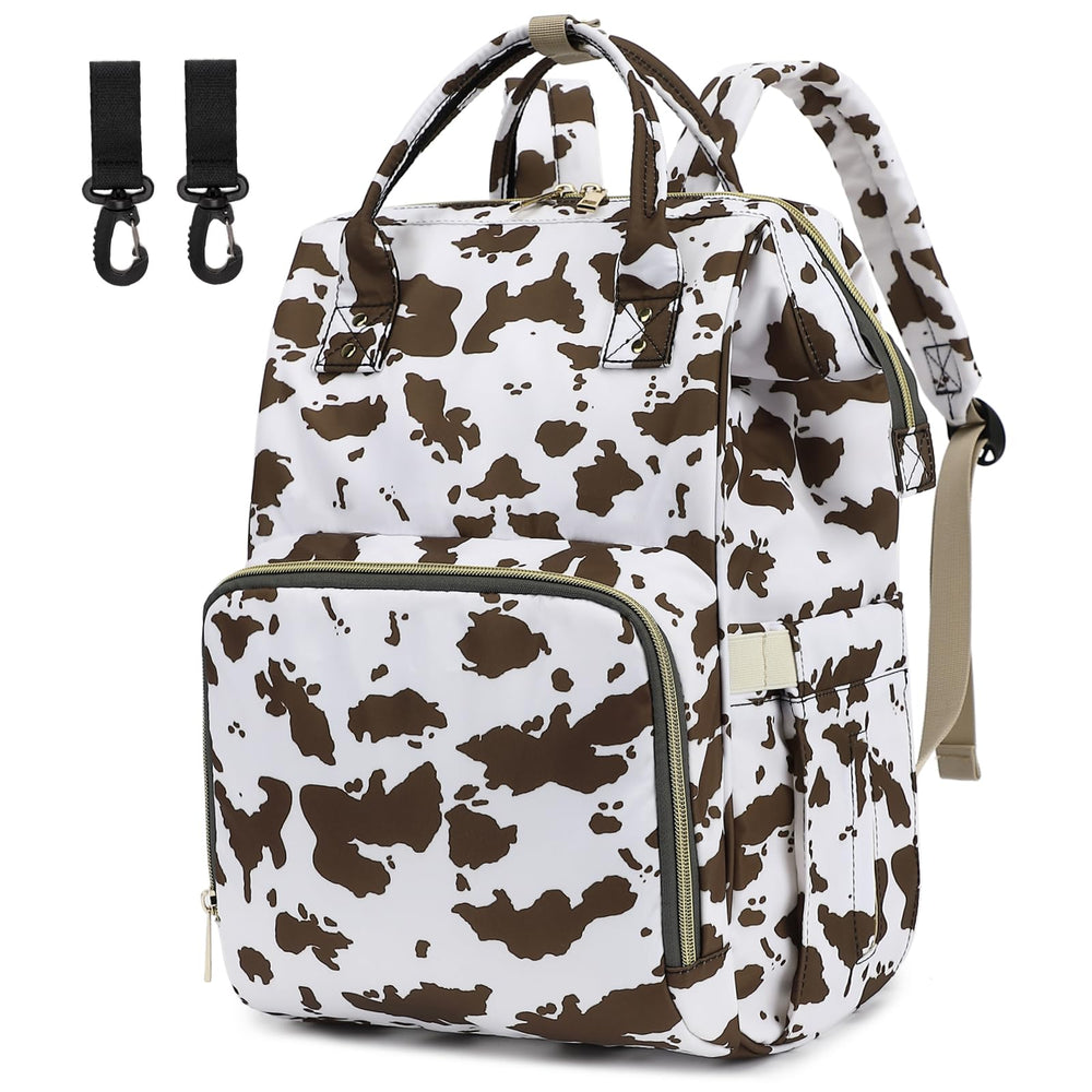 Yusudan cow print diaper bag front view with roomy main pocket for baby items.