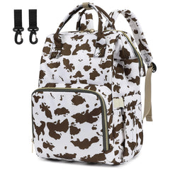 Yusudan cow print diaper bag front view with roomy main pocket for baby items.
