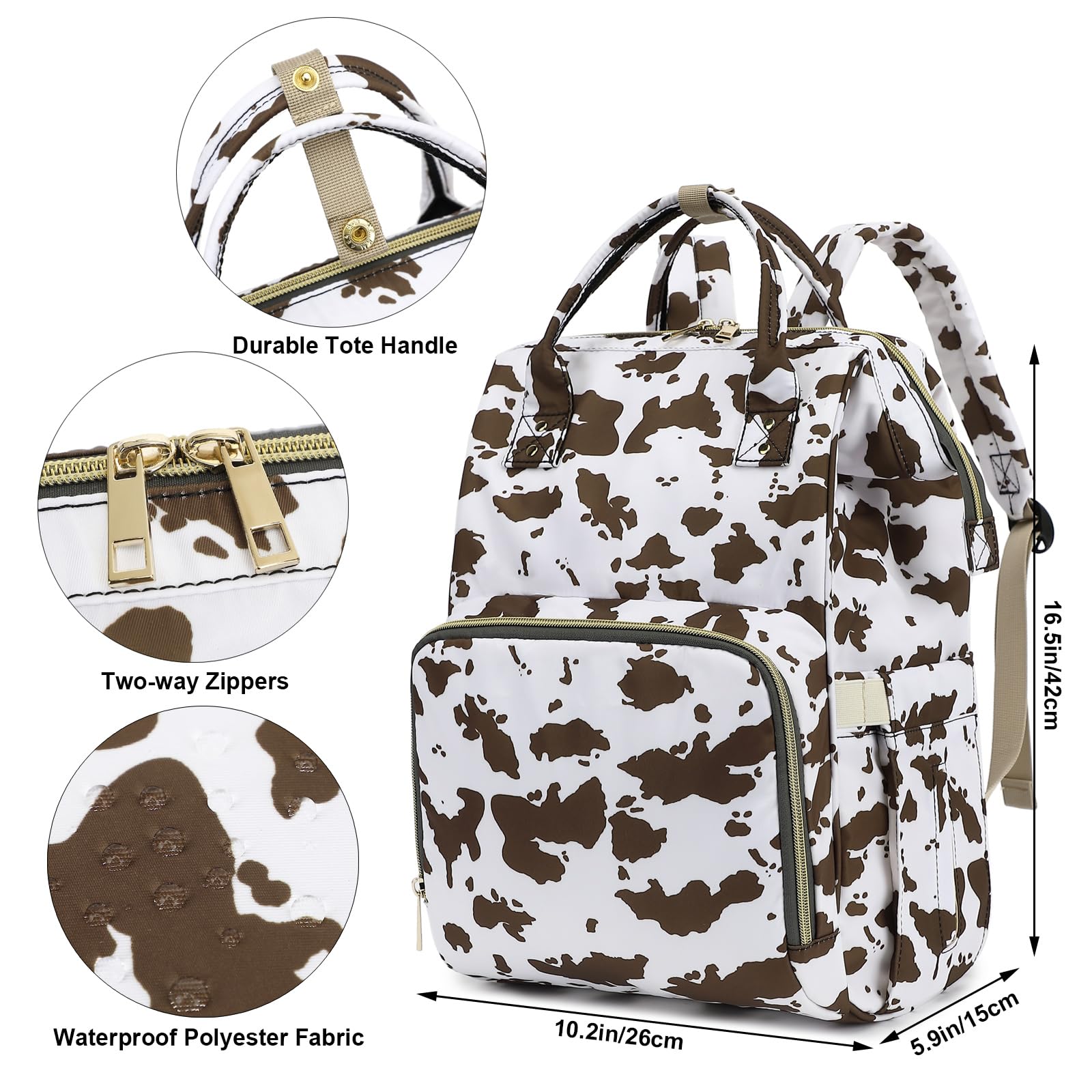 Yusudan cow print diaper bag straps provide mom-friendly carry during outings.